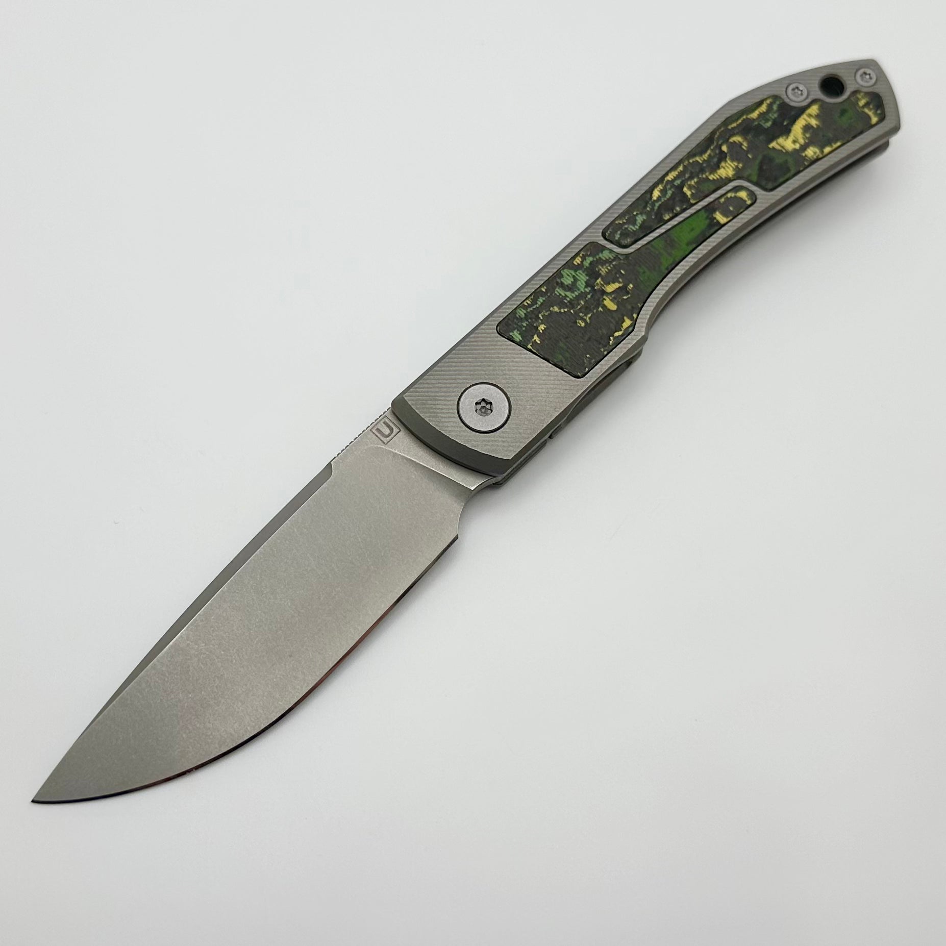 Uldanov Custom Knives Sierra w/ Milled Titanium/Toxic Storm Carbon Fiber Inlays & M398 Front Flipper #58