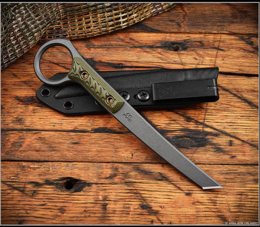 RMJ Tactical Stabby Guy Cobalt Cerakote CPM-3V & Dirty Olive G-10 w/ Bronze Hardware