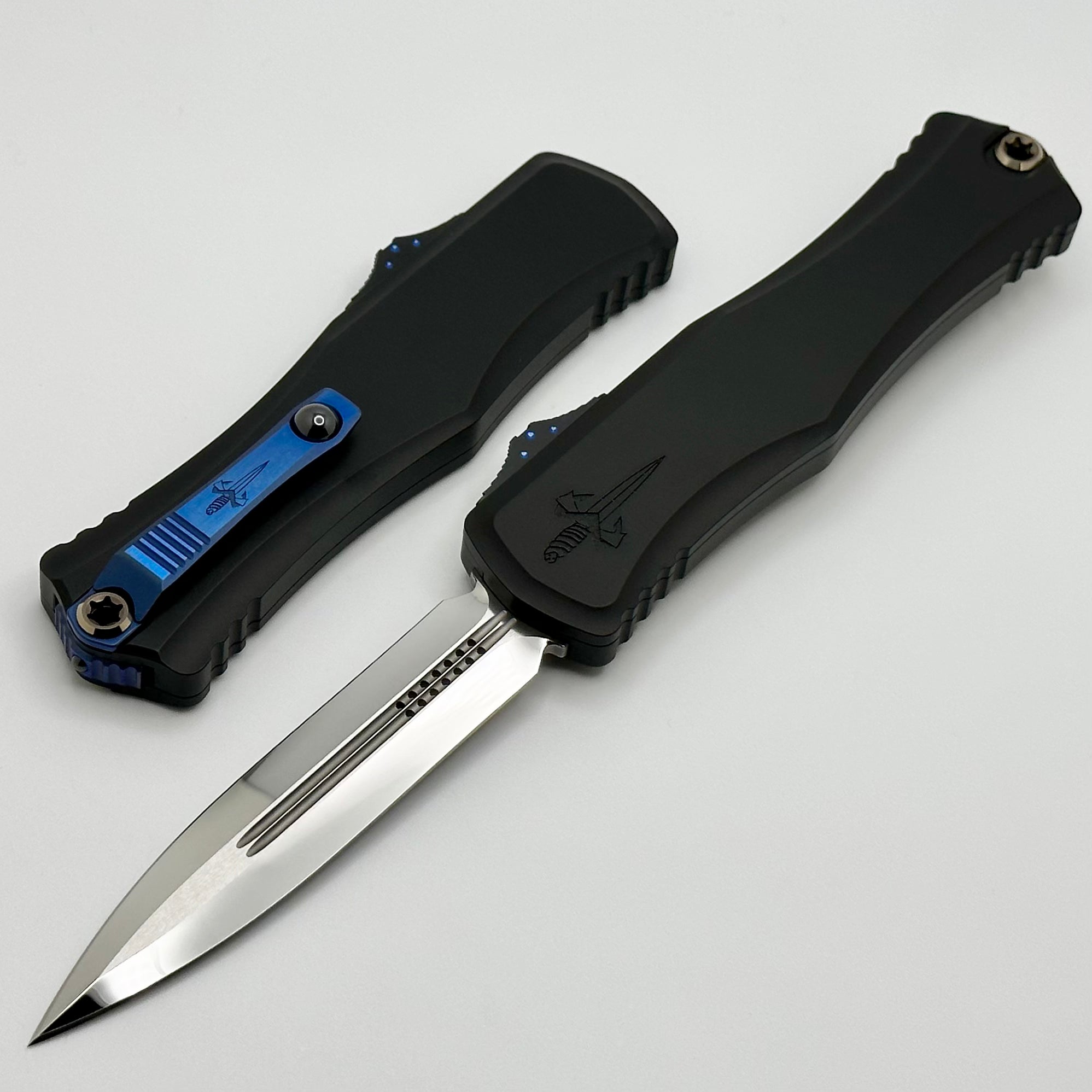 Marfione Custom Knives Hera II Mirror Polished Double Edge w/ Black Handle & Blue Titanium Accents