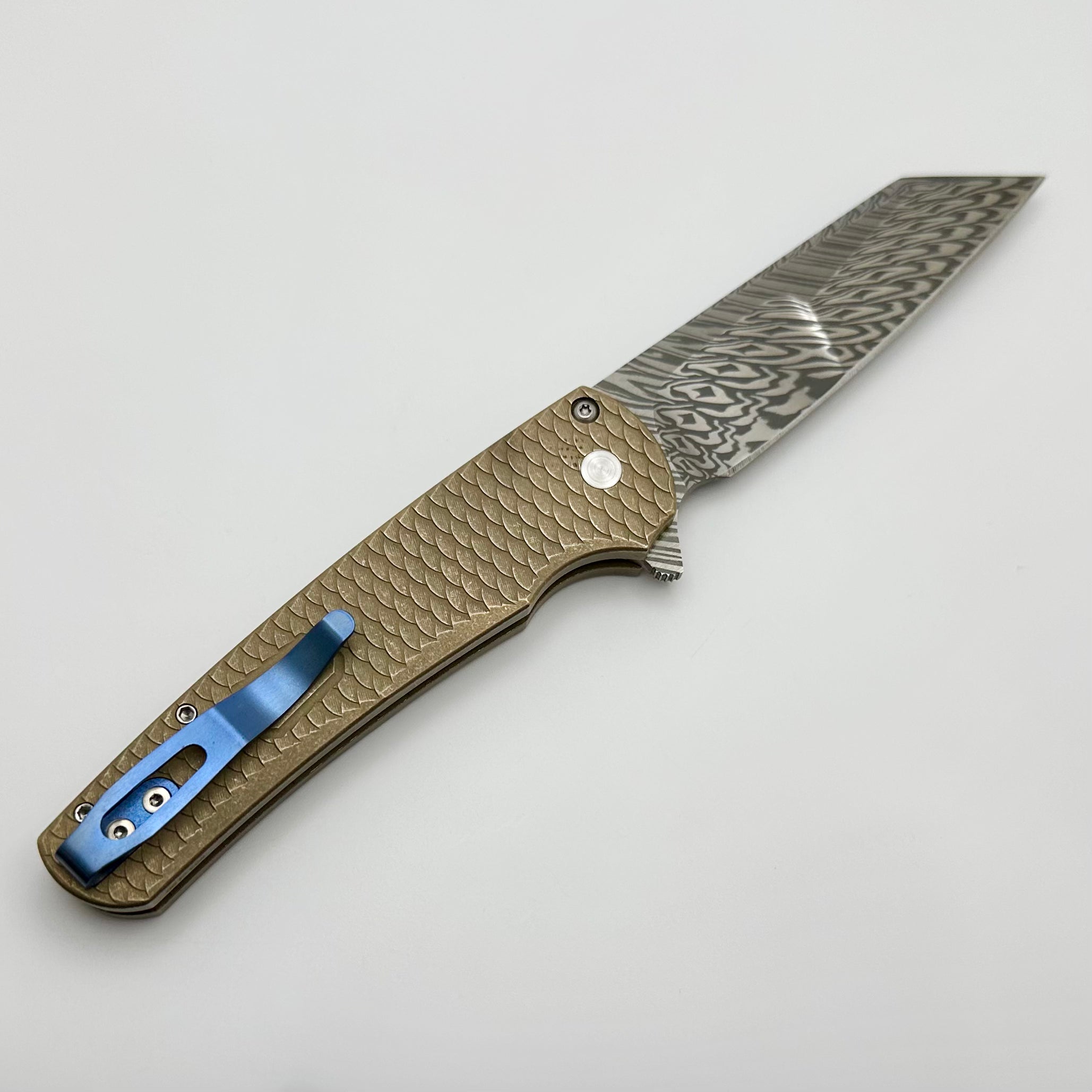 Pro-Tech Malibu Distressed AlBronze “Dragon Scale” Handle w/ Mosaic Button & Mike Irie Hand Ground Damasteel Reverse Tanto Blade Show Atlanta 2024 Blemish