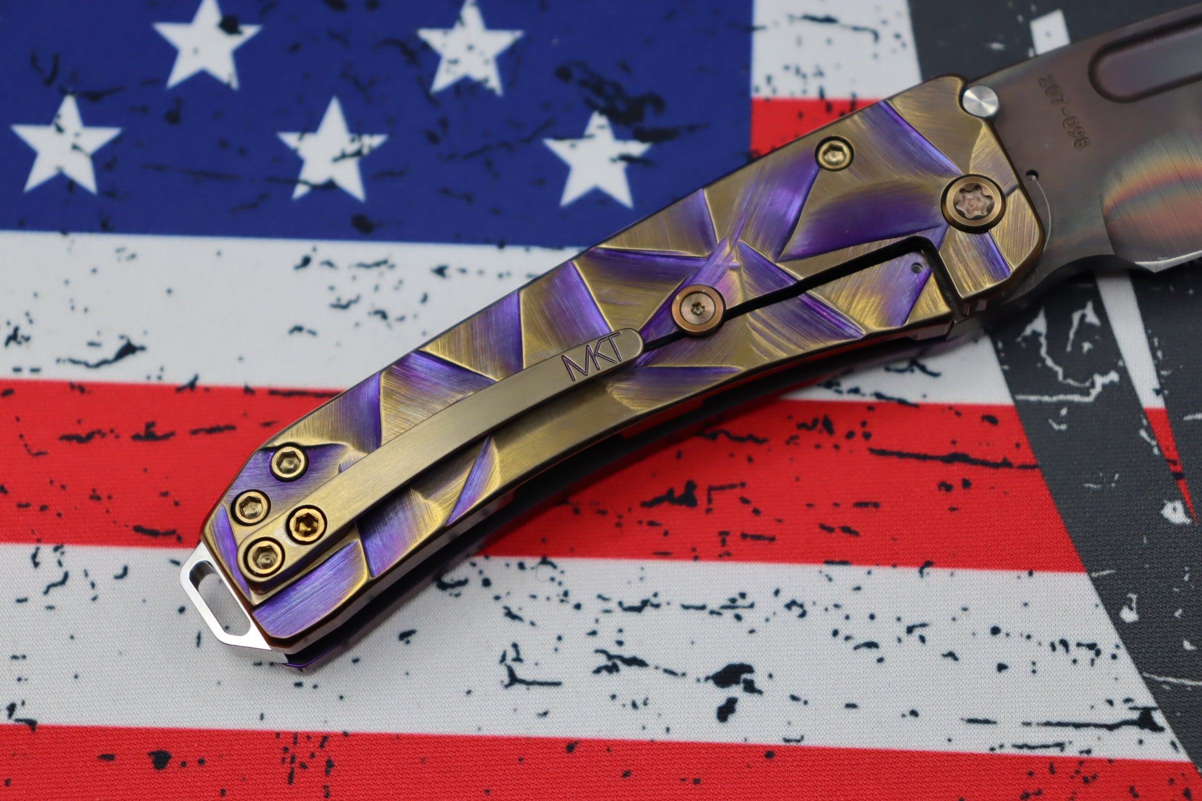 Medford Midi Marauder Vulcan S35 Drop Point & Violet w/ Bronze Stained Glass Sculpted Handles w/ Bronze Hardware/Clip