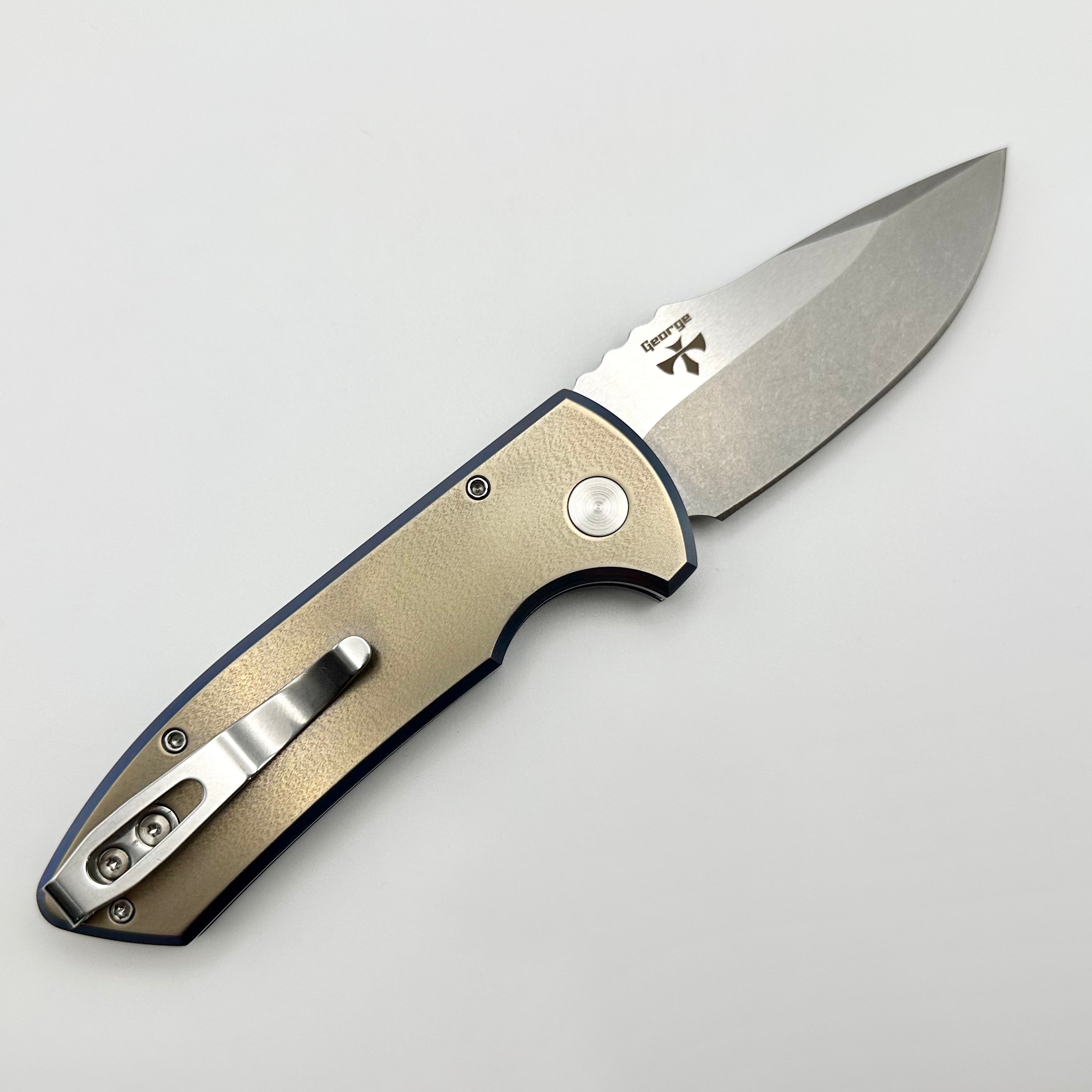 Pro-Tech SBR Short Bladed Rockeye Two Tone Bronze/Blue Chamfers Titanium Orange Peel Handle w/ Pearl Button & Stonewash S35 Blade 2023 SBR Custom 002