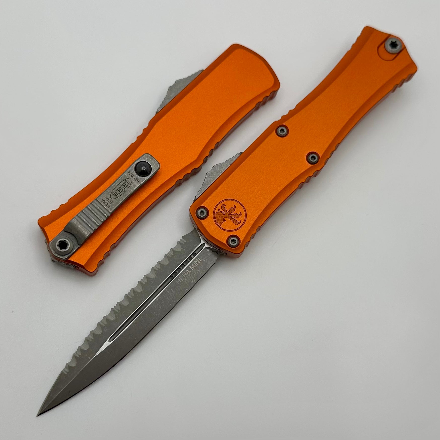 Microtech Knives Mini Hera Apocalyptic Full Serrated Double Edge M390MK w/ Orange Handle 1702M-12APOR