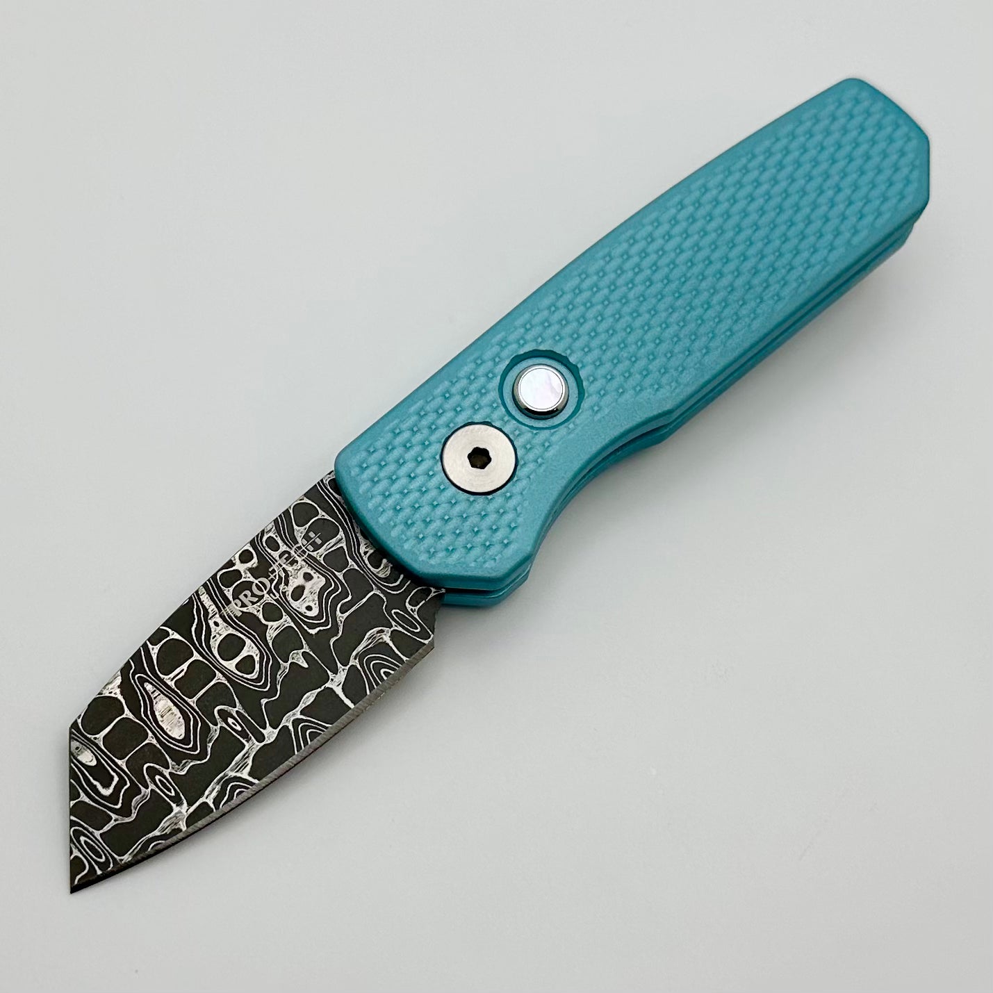 Pro-Tech Runt 5 w/ Tiffany Blue Handle & Damascus Reverse Tanto Blade Show Atlanta 2024