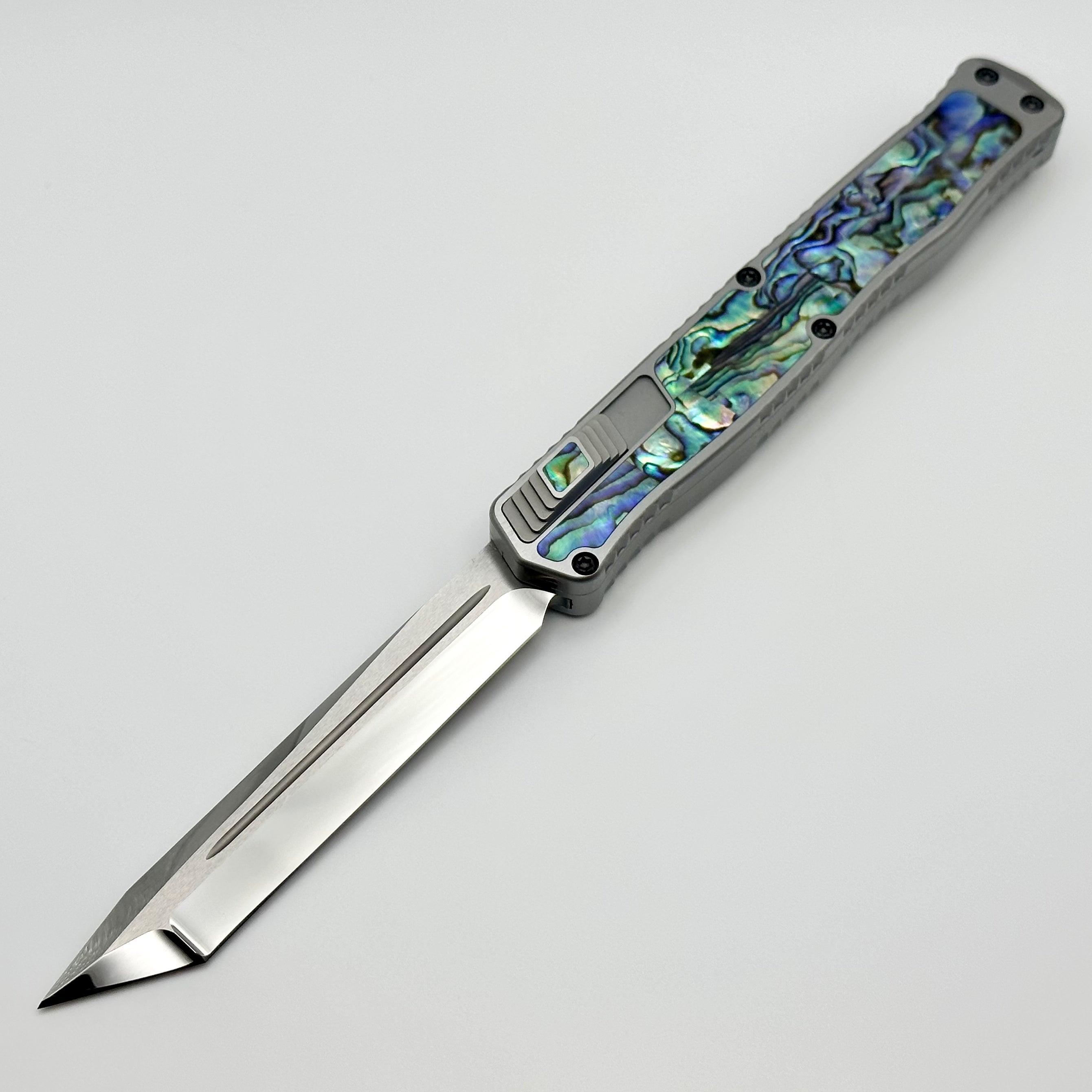 Heretic Knives Custom Cleric II 2 Stainless Steel Handle w/ Abalone Inlays & Hand Ground Mirror Elmax Tanto Blade