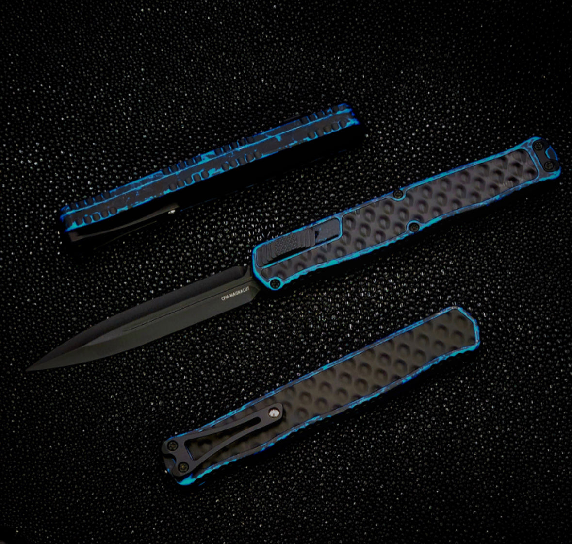 Heretic Knives Cleric II 2 Black Double Edge Magnacut w/ Breakthrough Blue & Black Stainless Bubble Inlays