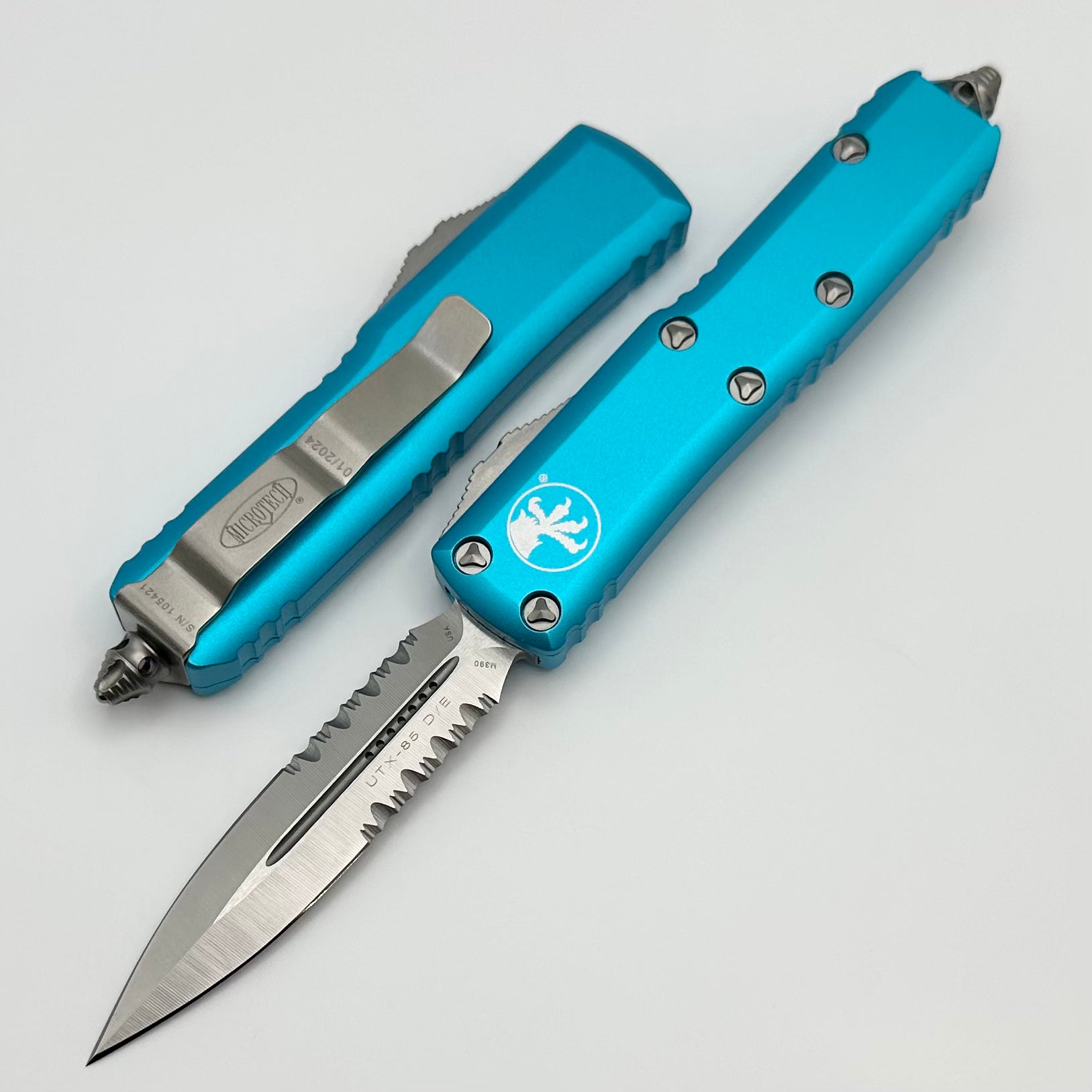 Microtech UTX-85 Double Edge Satin Partial Serrated & Turquoise 232-5TQ