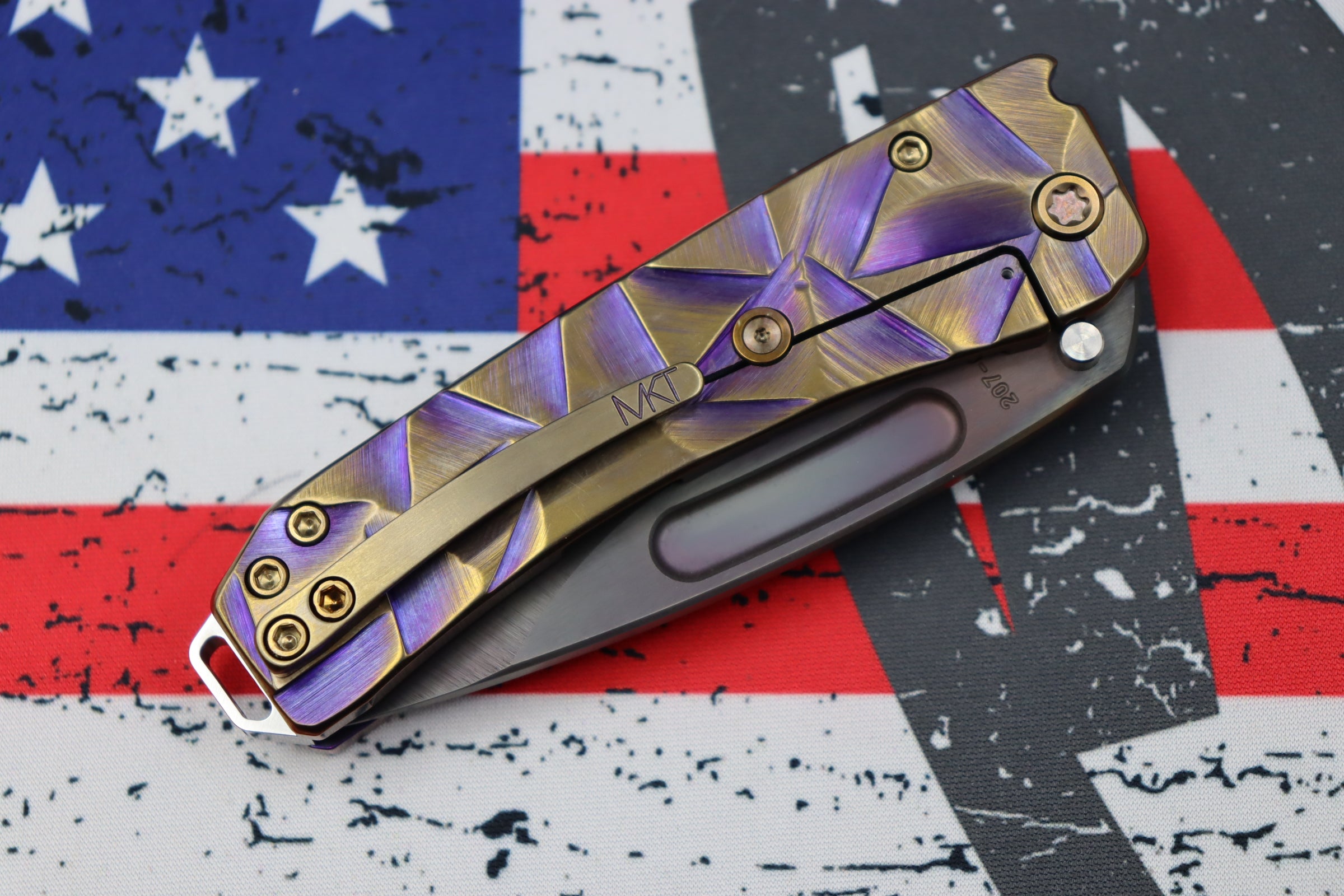 Medford Midi Marauder Vulcan S35 Drop Point & Violet w/ Bronze Stained Glass Sculpted Handles w/ Bronze Hardware/Clip