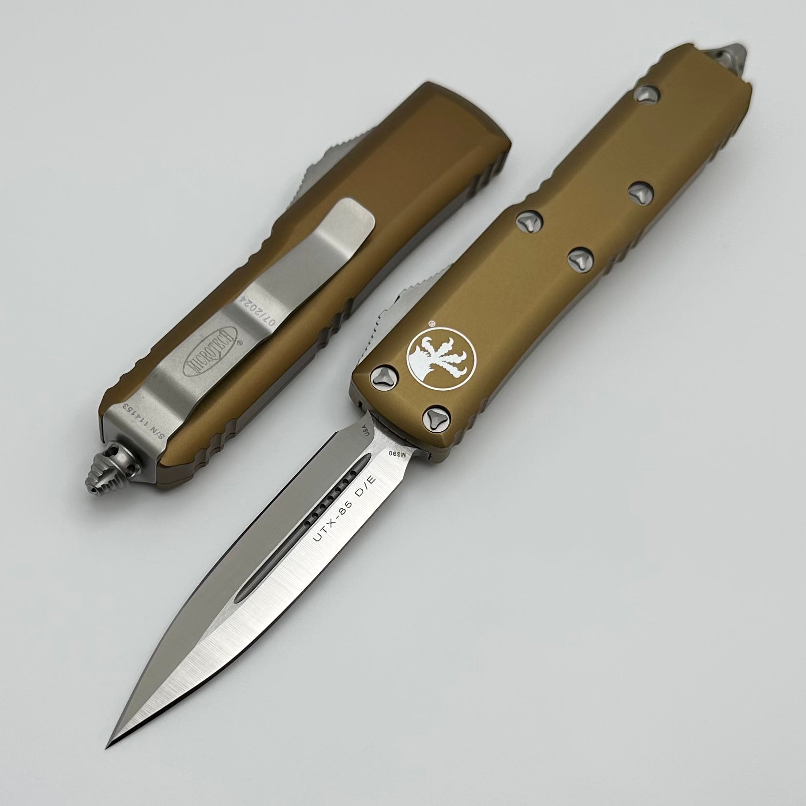 Microtech UTX-85 Double Edge Satin Standard w/ Tan Handle 232-4TA