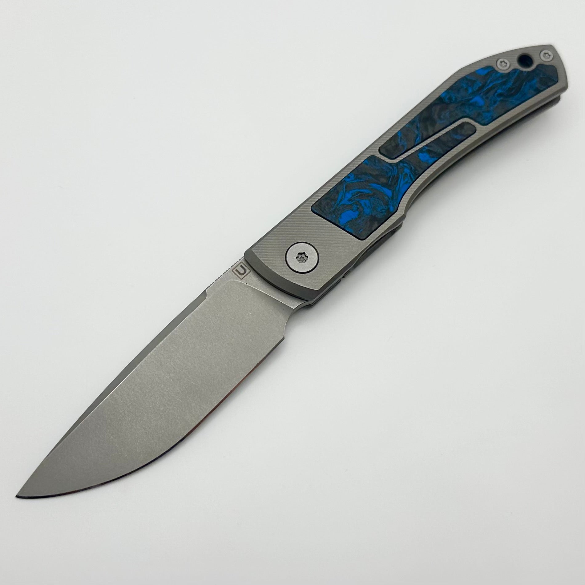 Uldanov Custom Knives Sierra w/ Milled Titanium/Blue Dark Matter Carbon Fiber Inlays & M398 Front Flipper #64