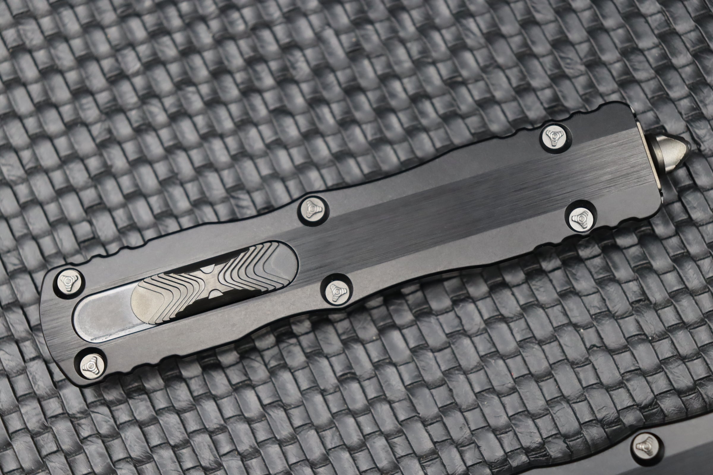 Marfione Custom Knives Dirac Delta D/E DLC Diamond Wash Finish w/ Hefted Black Handle & DLC Ringed Hardware