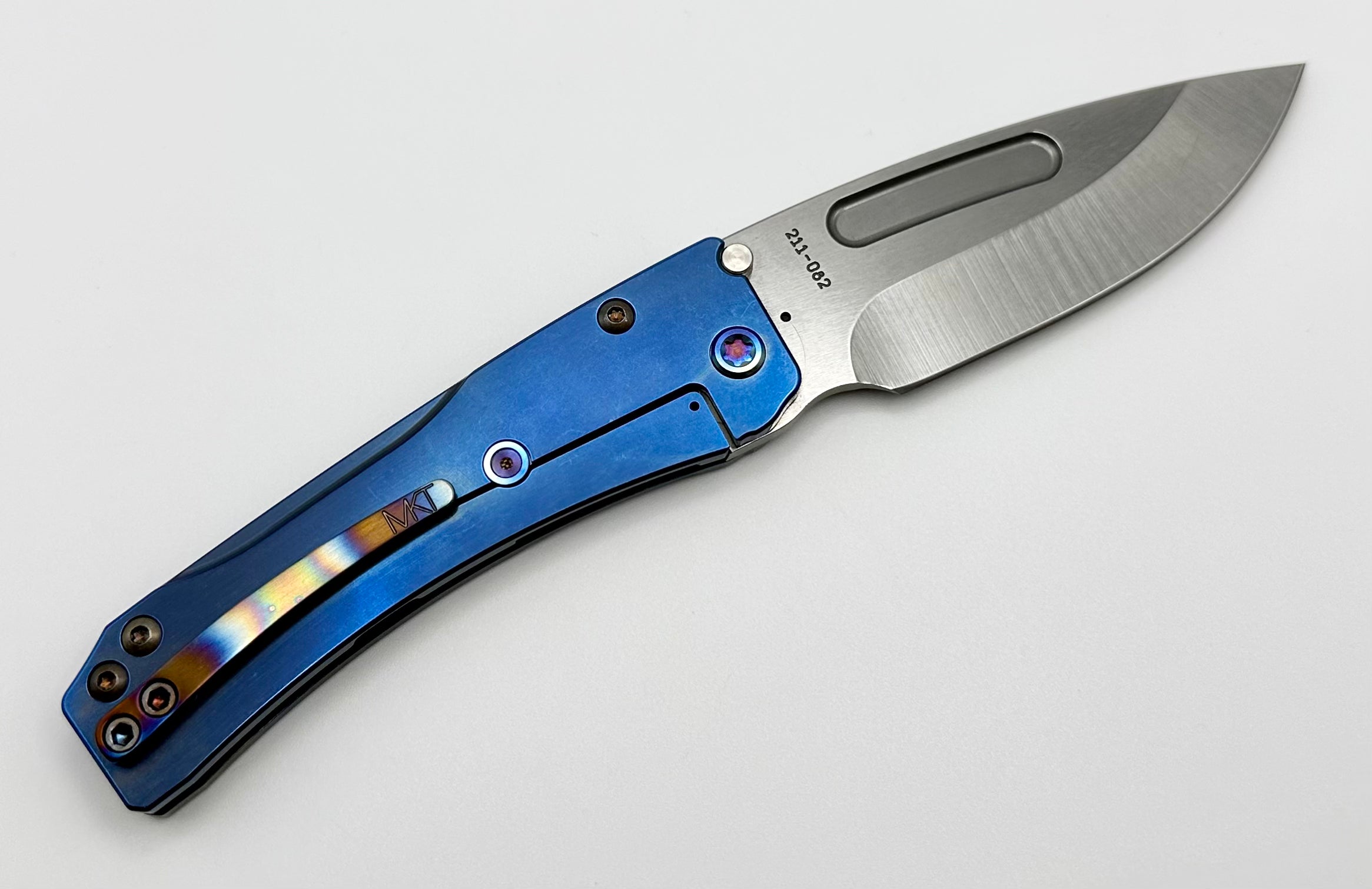 Medford Knife Slim Midi S45 Tumbled Drop Point w/ Blue Solar Flare Flamed Handles & Flamed Hardware/Clip