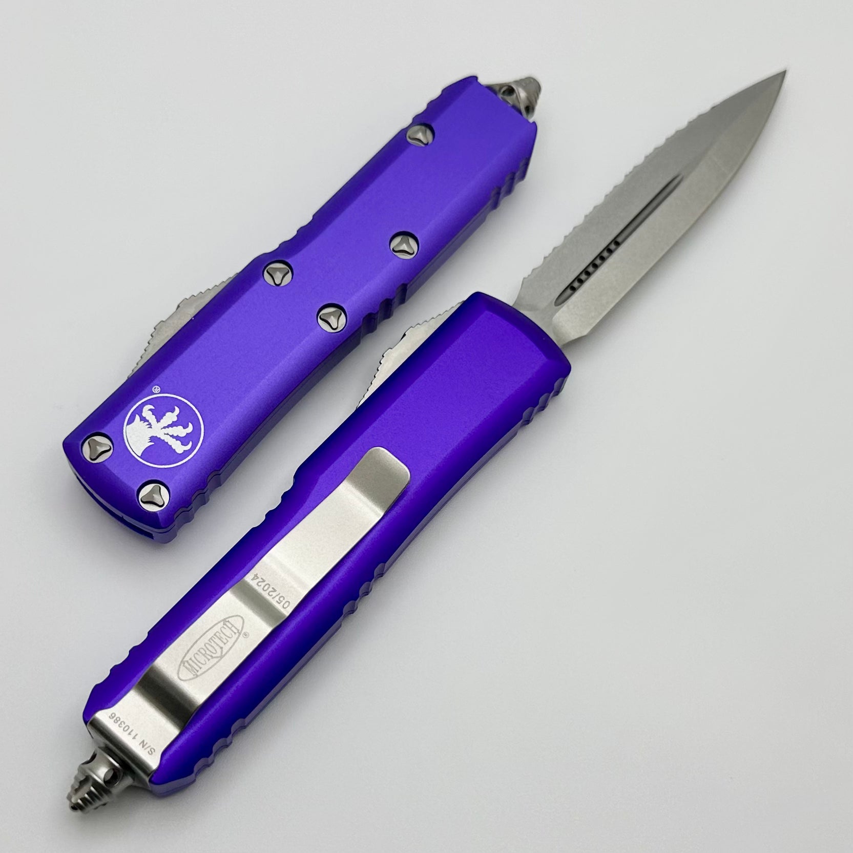 Microtech UTX-85 Double Edge Stonewash Full Serrated & Purple 232-12PU