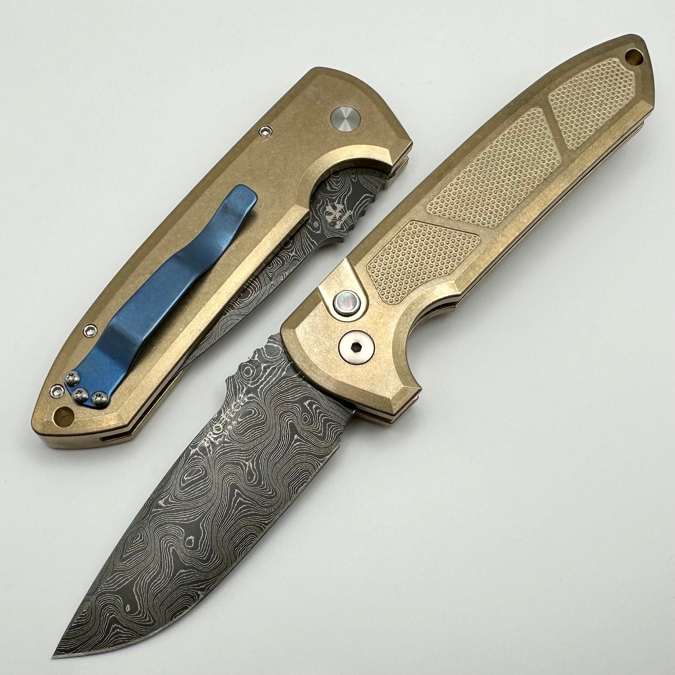 Pro-Tech Les George Rockeye Textured AlBronze Handle w/ Pearl Button & Nichols Damascus 2024 Rockeye Custom.001