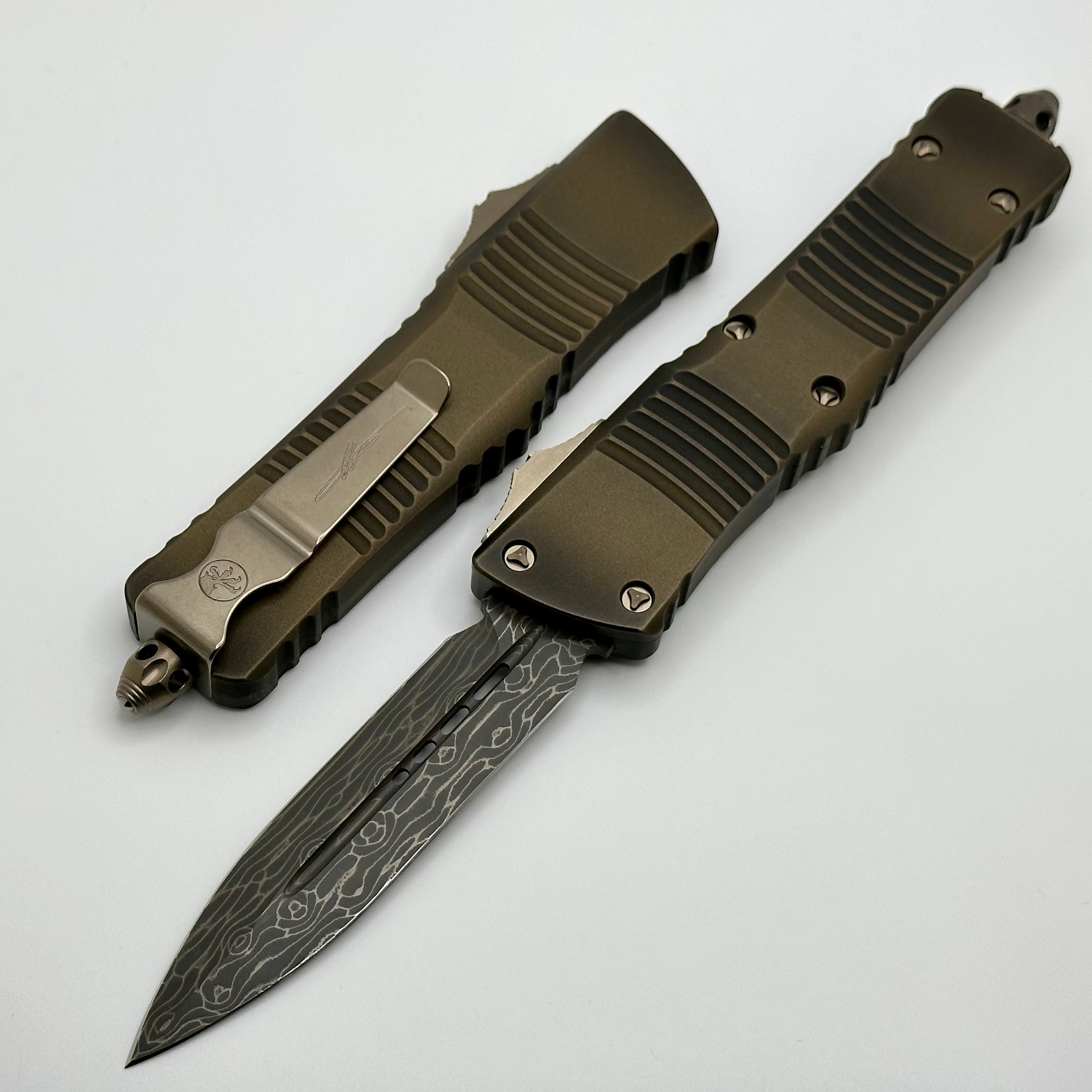 Microtech Combat Troodon Antique Bronze w/ Bronzed Damascus Double Edge & Bronze Low Polished Hardware Signature Series 142-16BZABLPS