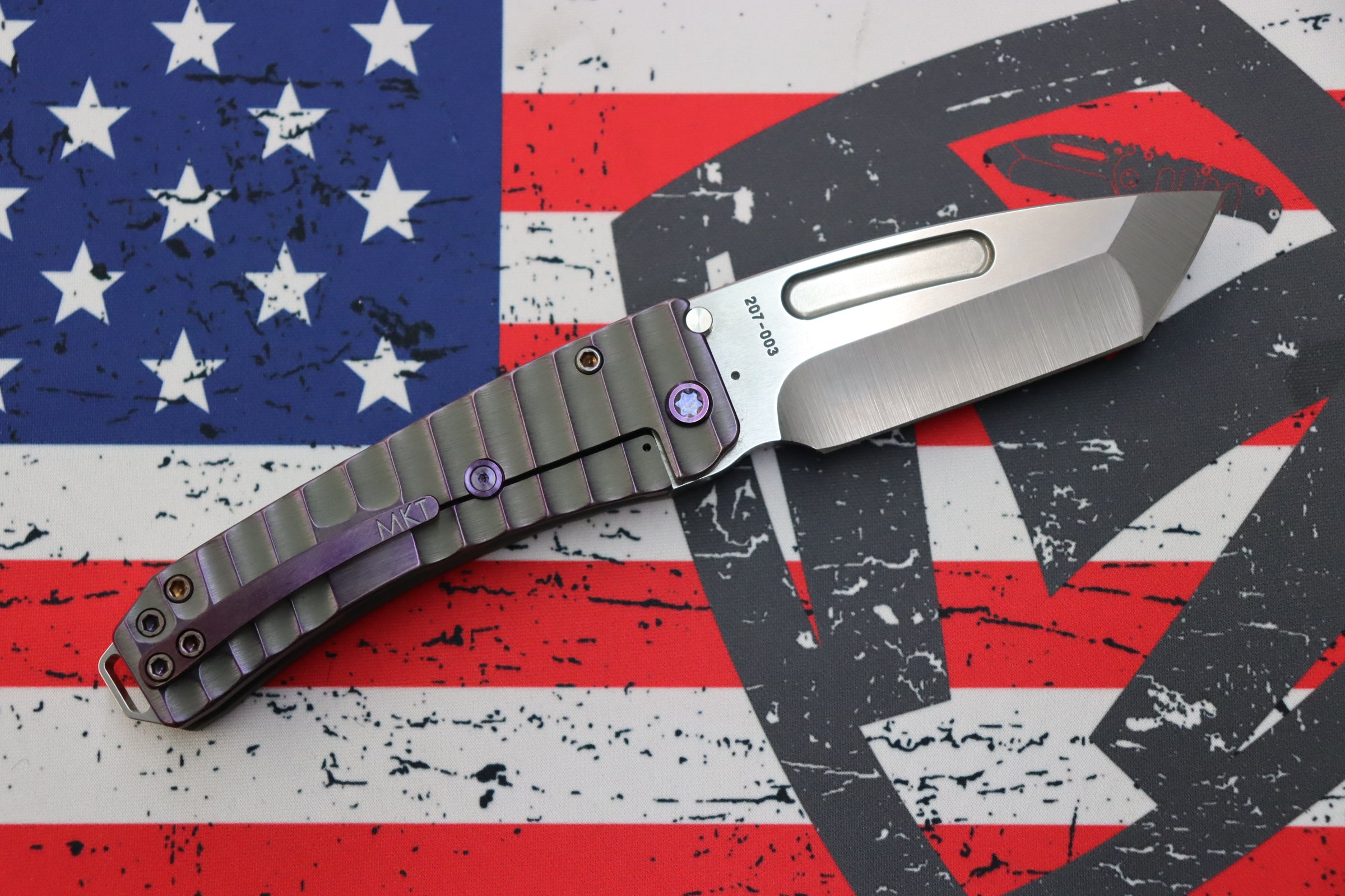 Medford Midi Marauder Tumbled S35 Tanto & Bead Blast Cement w/ Violet Mini Gator Belly Sculpted Handles w/ Violet Hardware/Clip