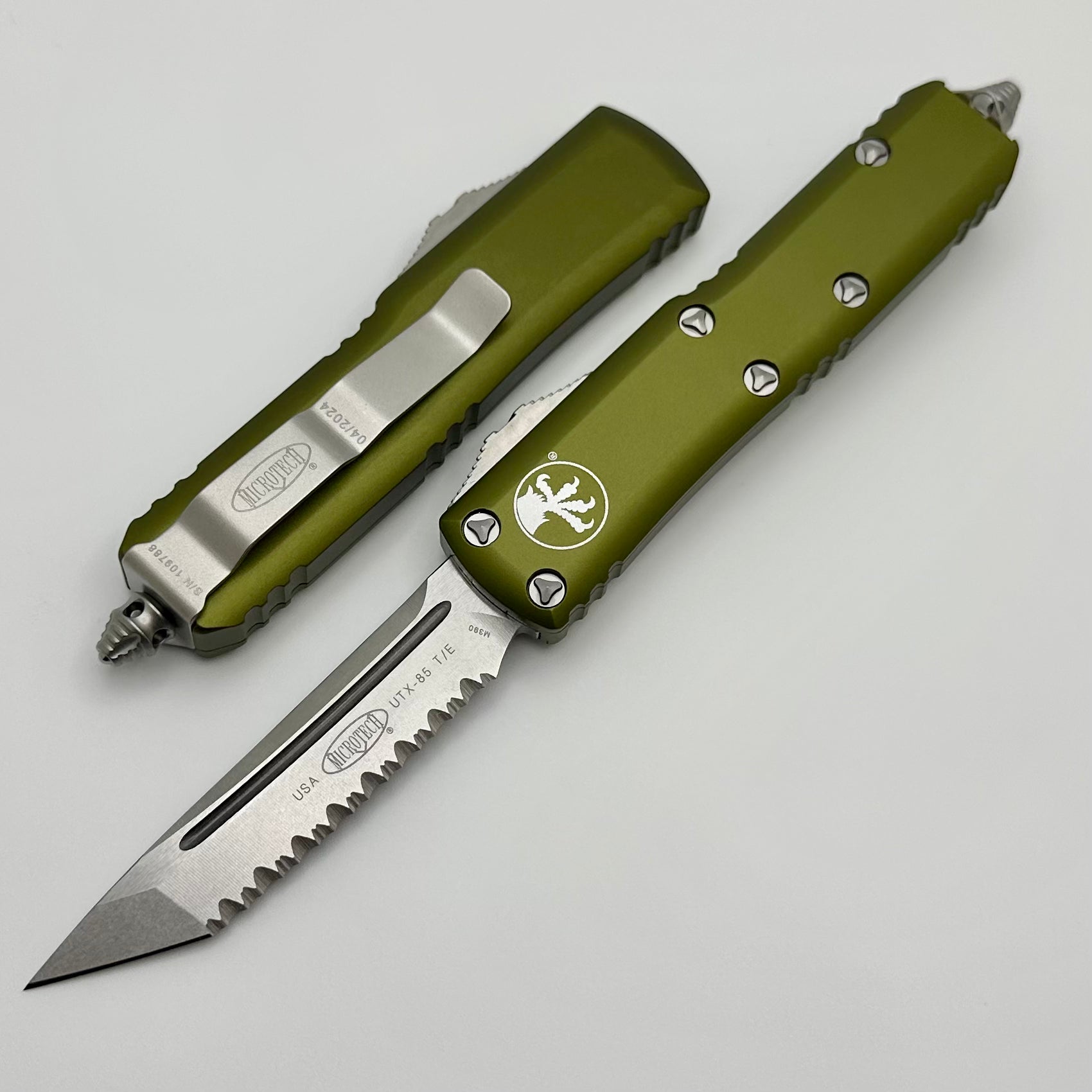 Microtech UTX-85 Tanto T/E Stonewash Full Serrated & OD Green 233-12OD