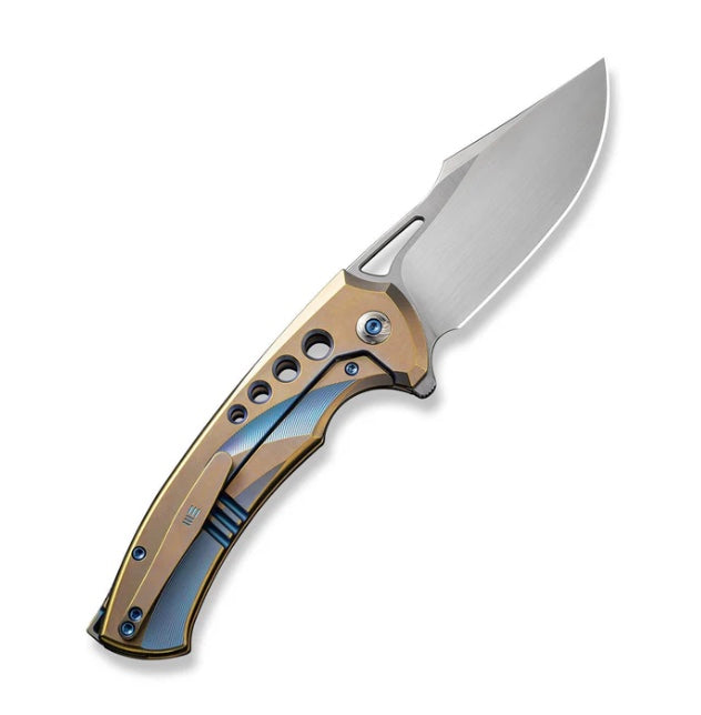 We Knife Swiftfin Golden/Blue Titanium Handles w/ Blue Holes & Hand Satin 20CV WE23051-4