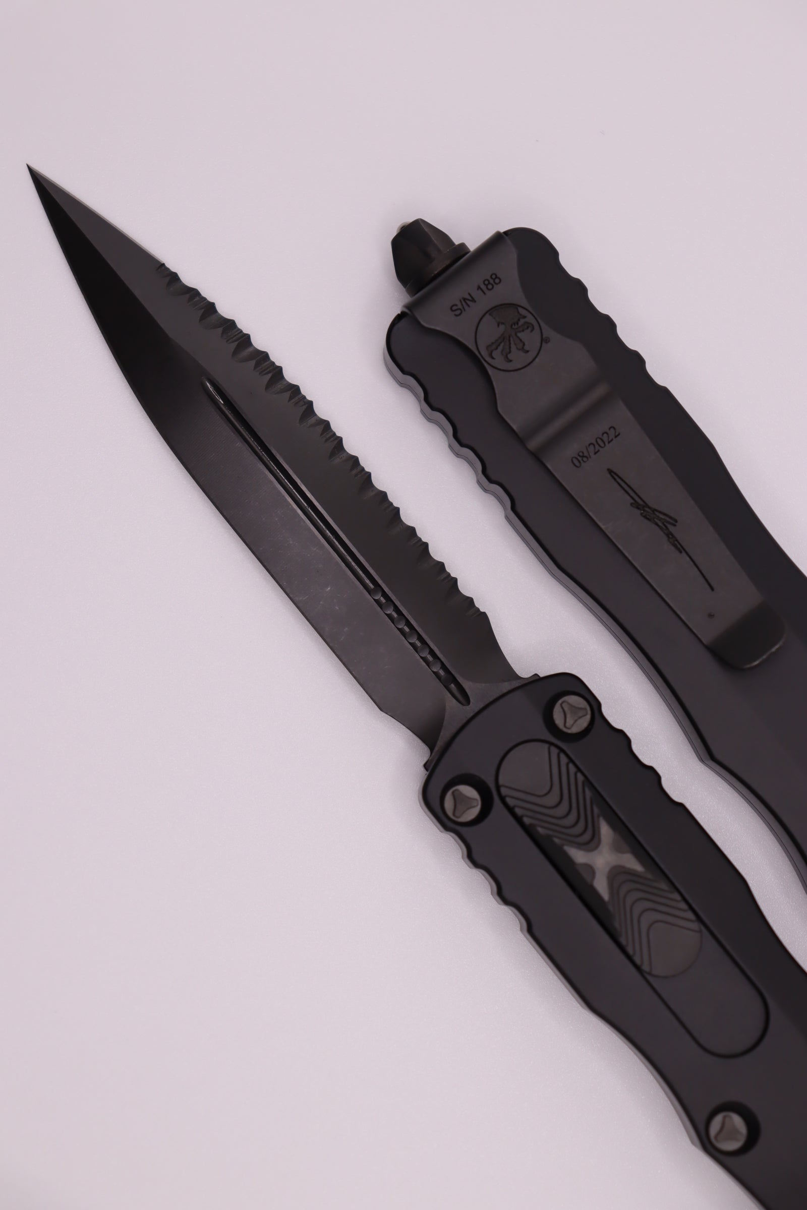 Microtech Dirac Delta Double Edge DLC Shadow Fully Serrated 227-3DLCTSH