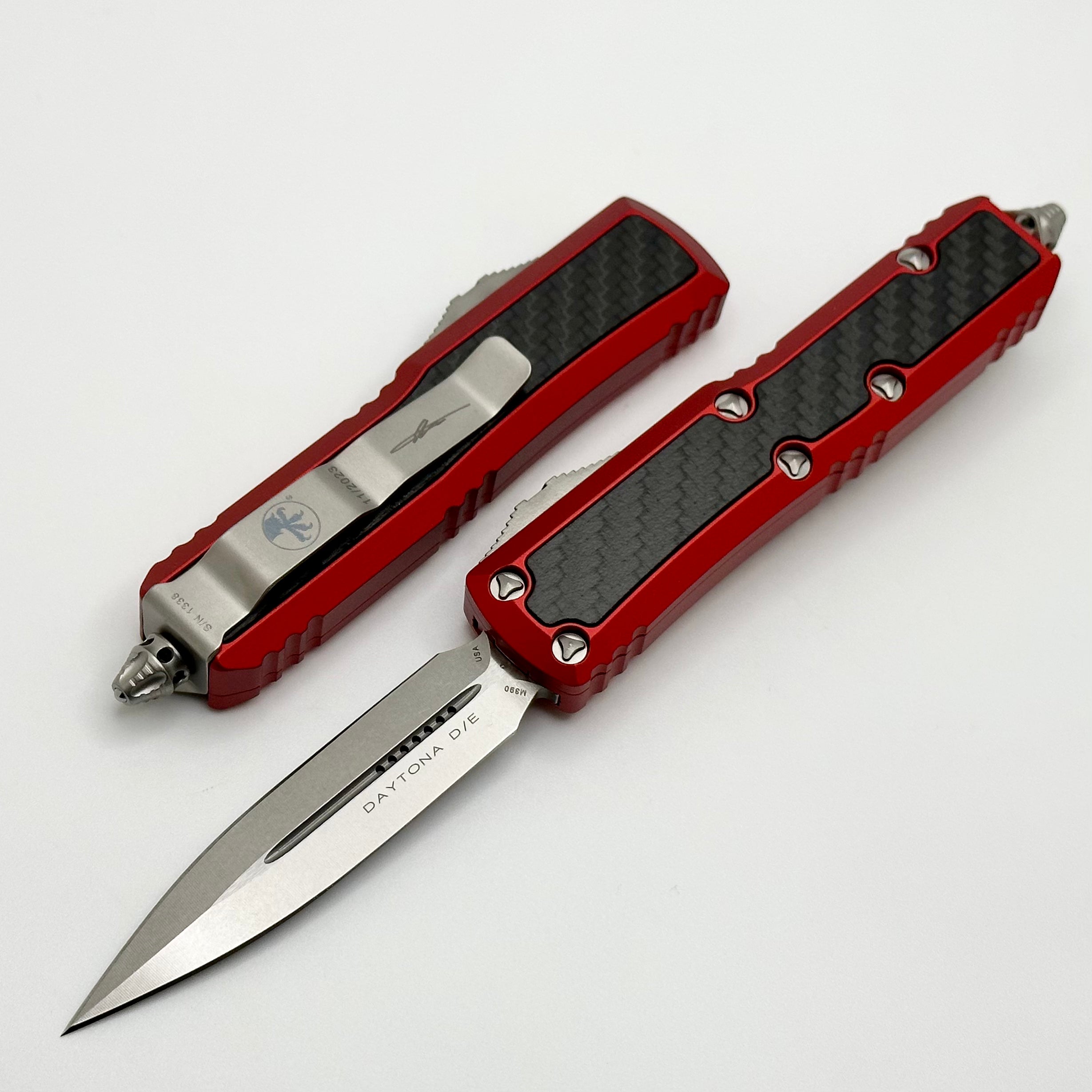 Microtech Red Daytona w/ Carbon Fiber Inlays & Stonewash Double Edge Signature Series 126-10RDCFIS