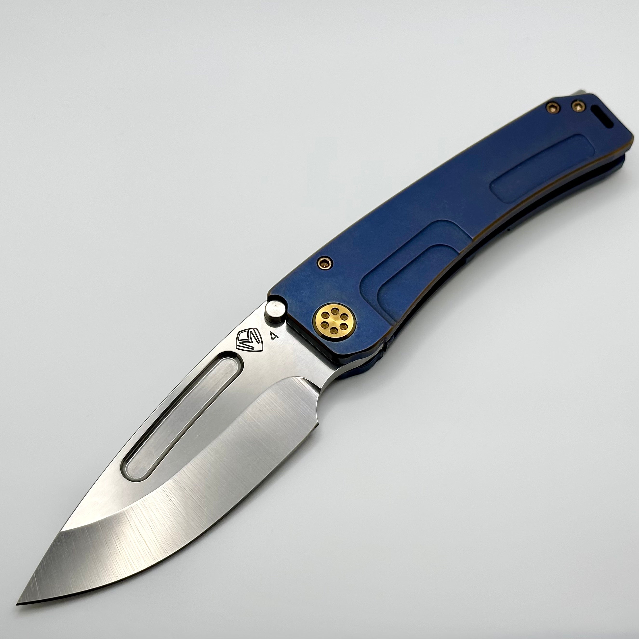 Medford Marauder H Old School Blue w/ Bronze Pinstripe Handles w/ Bronze Hardware/Clip & S45VN Tumbled Drop Point