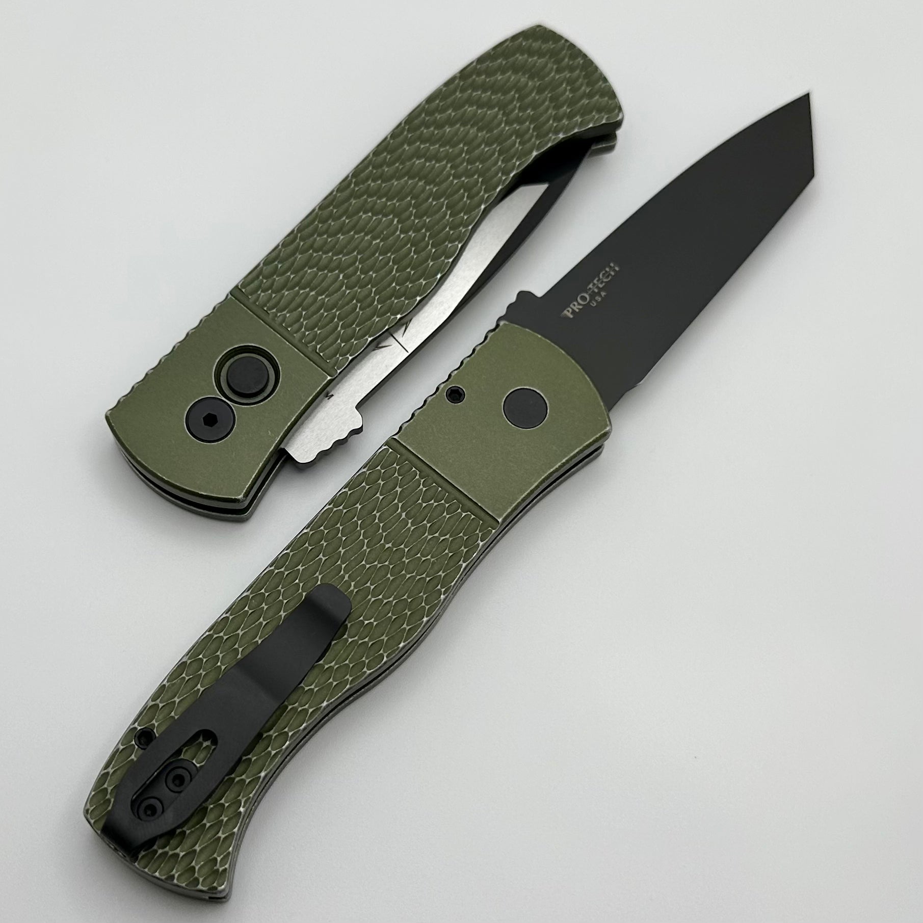 Pro-Tech Emerson CQC7 Auto Tanto w/ Battle Worn Jigged Green Handle & 2-Tone DLC/Satin 154CM E7T15-BW Green