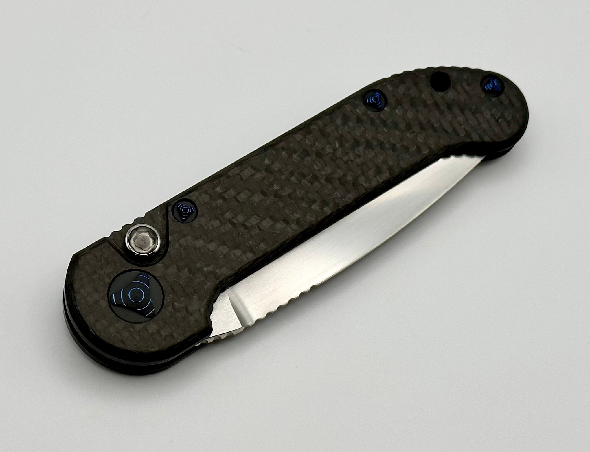 Marfione Custom Knives LUDT Hand Satin w/ Carbon Fiber & Blue Ringed Hardware