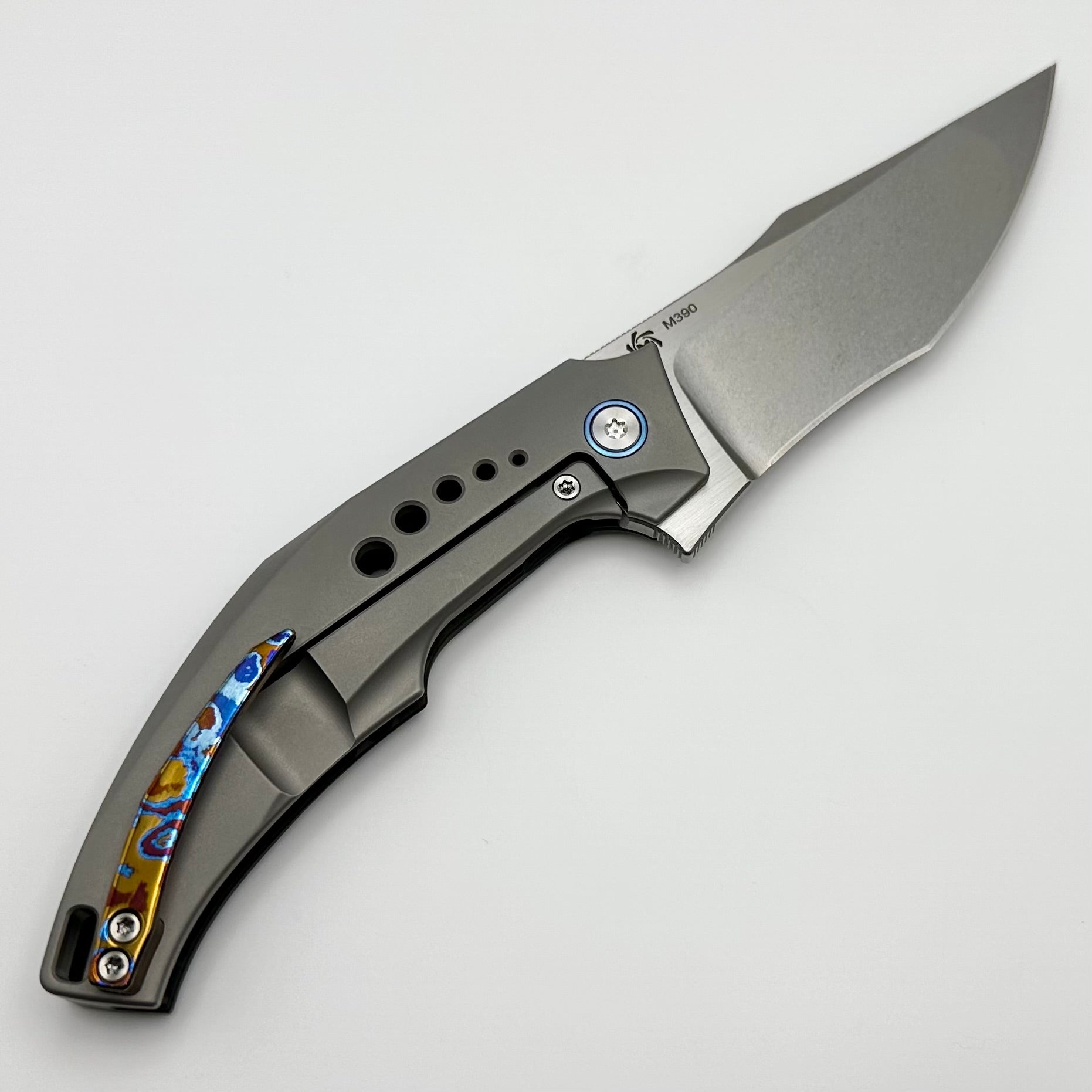 Mechforce Knives Tashi SOS Folder Stonewash M390 & Carbon Fiber/Titanium Handles w/ Blue Accents & Timascus Clip