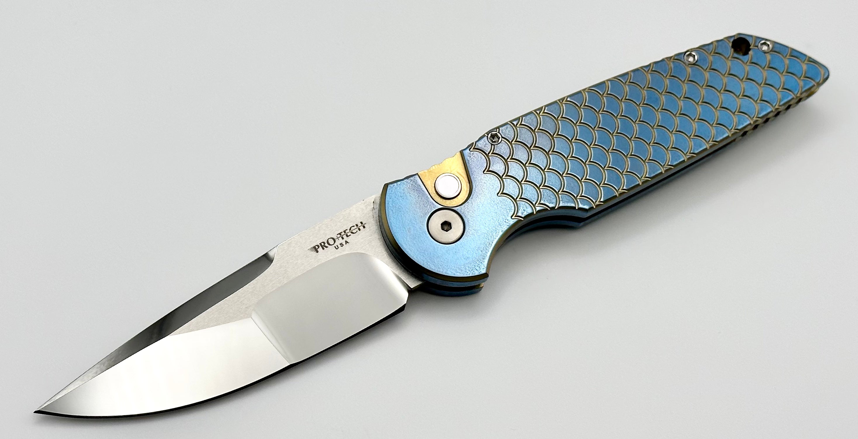 Pro-Tech TR-3 Custom Titanium 2022 Orange Peel Blue/Bronze Fish Scale w/ Mike Irie Compound Grind Mirror Blade TR-3.008