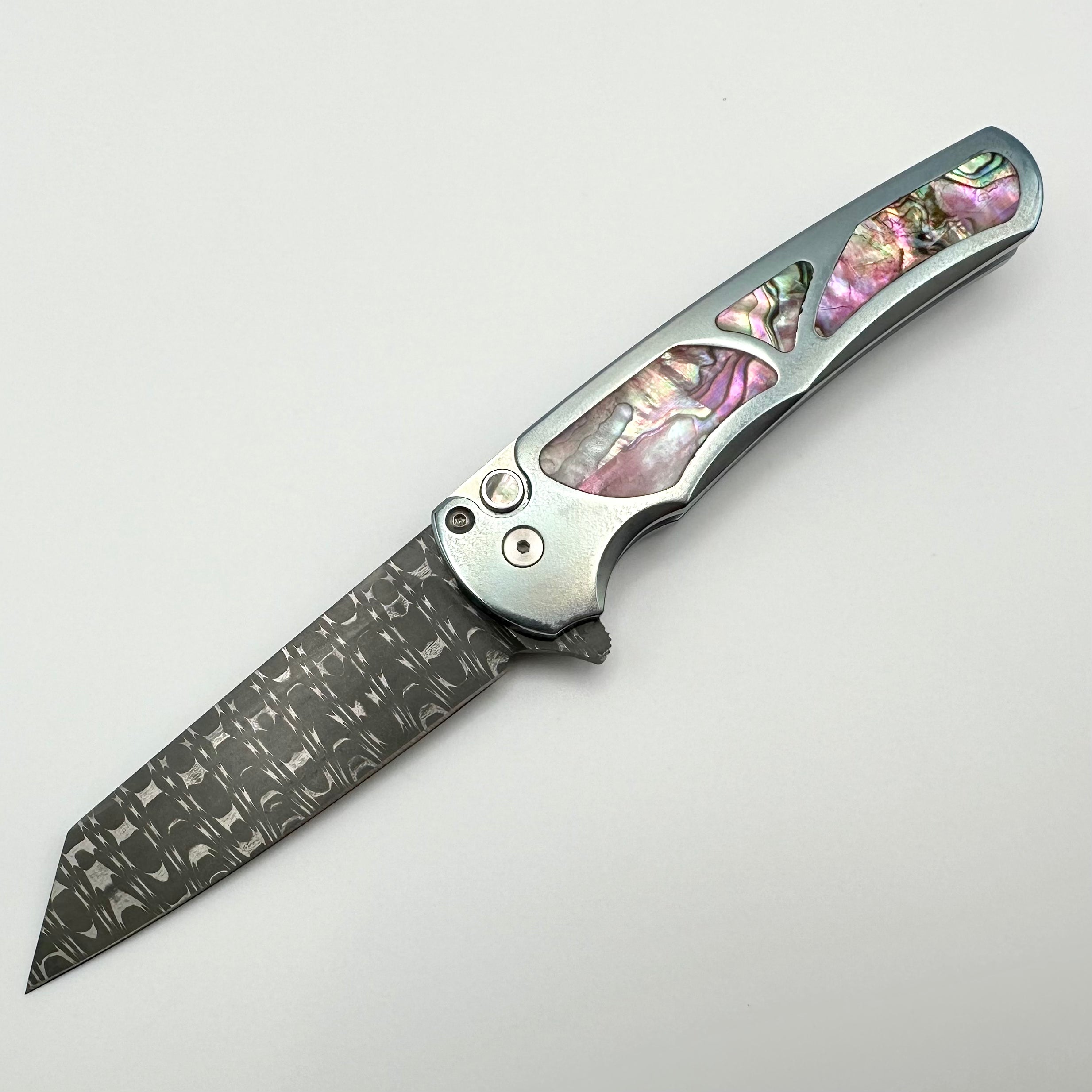 Pro-Tech Malibu Teal Ano Titanium Handle w/ Abalone Inlays/Button & Vegas Forge Razorwire Damascus Reverse Tanto Blade 2023 Custom 012