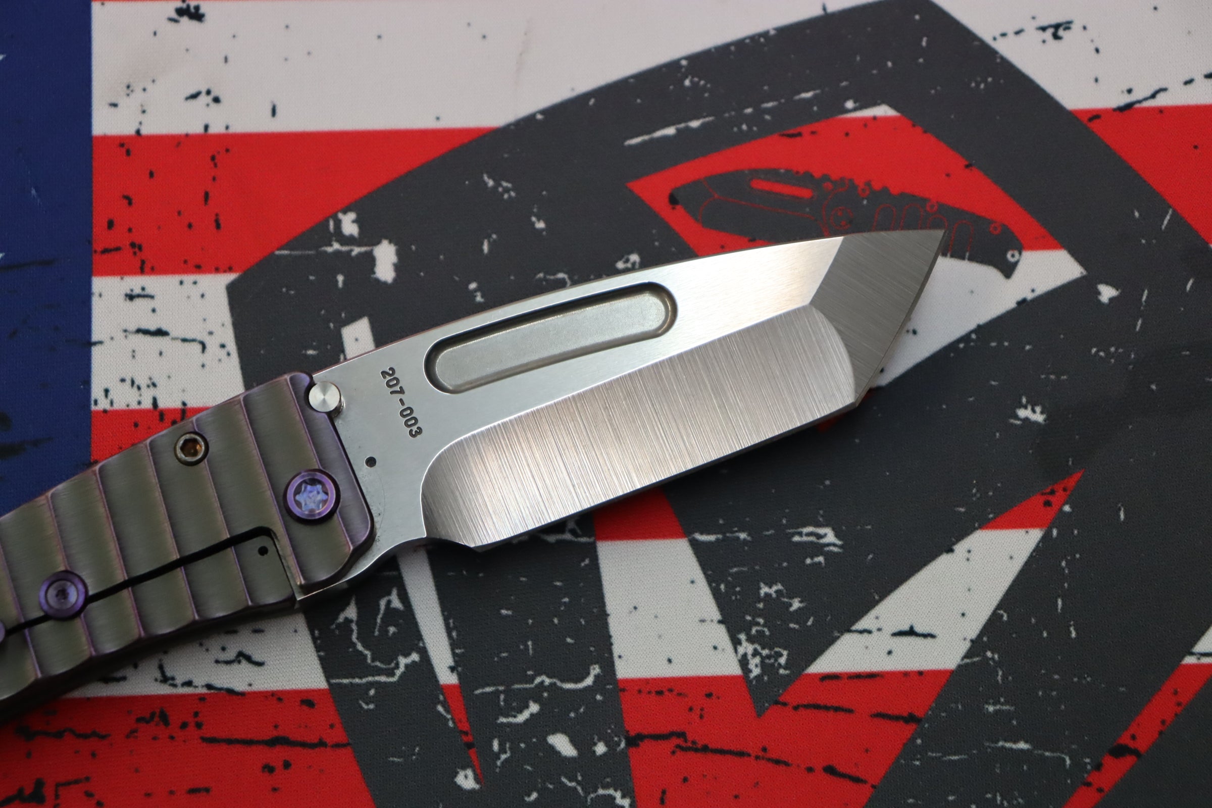 Medford Midi Marauder Tumbled S35 Tanto & Bead Blast Cement w/ Violet Mini Gator Belly Sculpted Handles w/ Violet Hardware/Clip