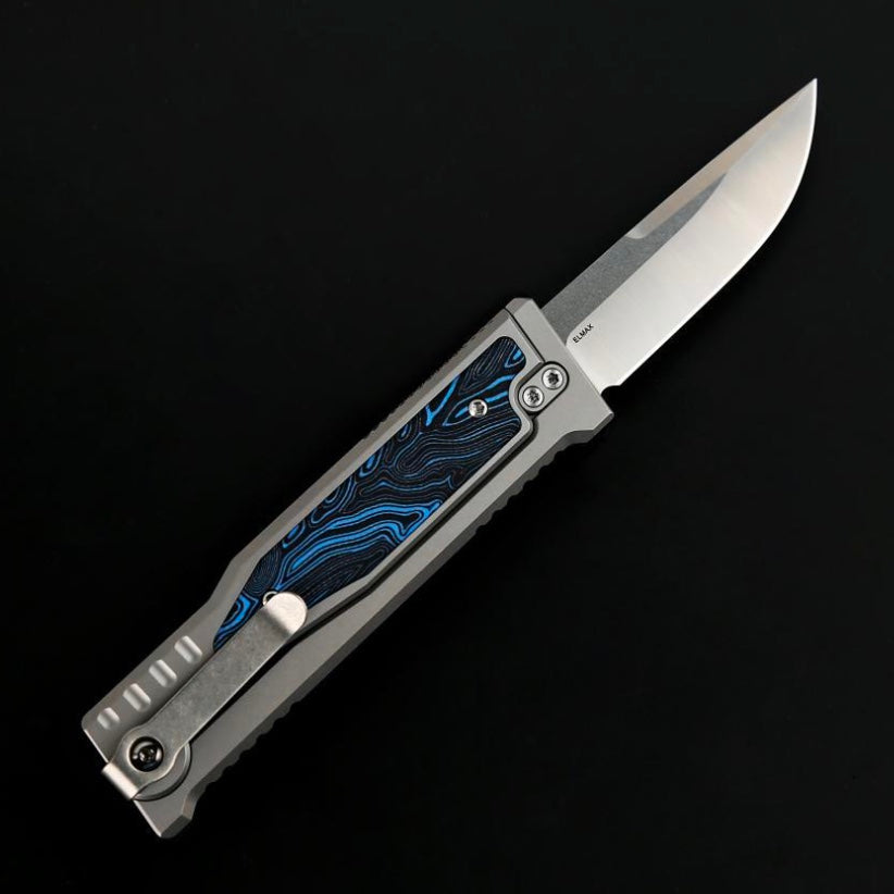 Reate EXO M Blue/Black Damascus Pattern G-10 & Satin/Stonewash Drop Point