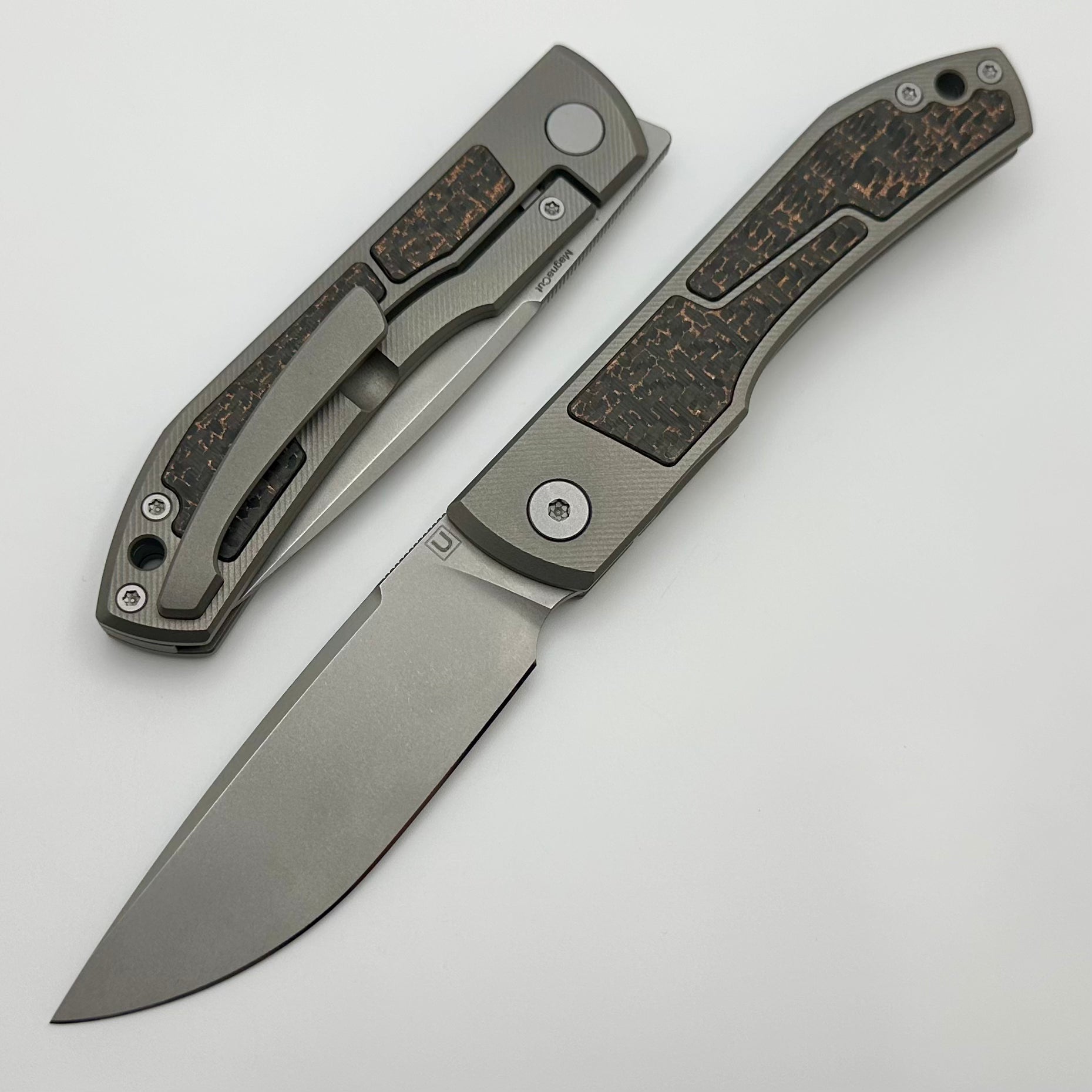 Uldanov Custom Knives Sierra w/ Milled Titanium/Copper Snakeskin Carbon Fiber Inlays & MagnaCut Front Flipper #72