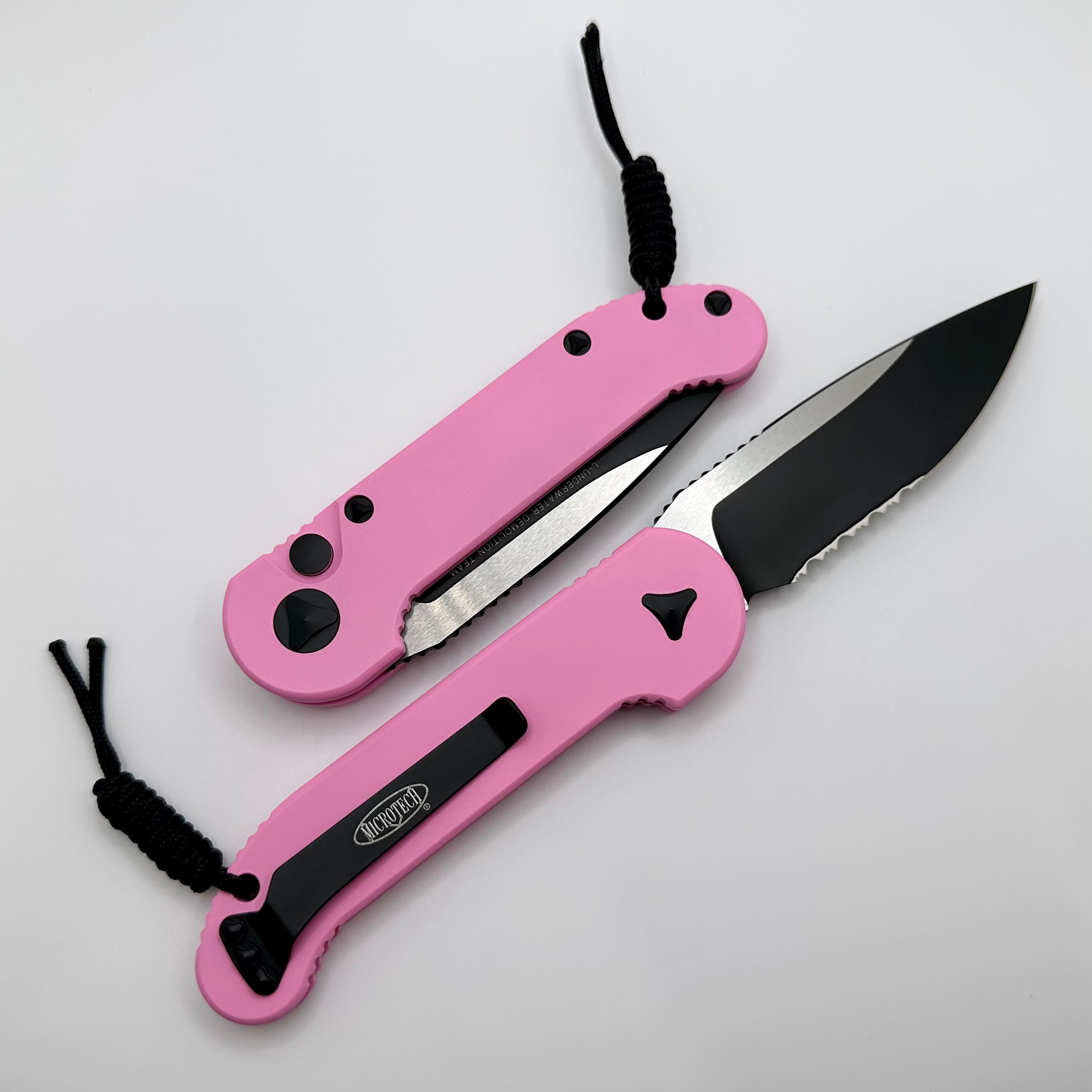 Microtech L.U.D.T Smooth Blasted Pink Handle & Partial Serrated Two Tone Black 135S-2BPK