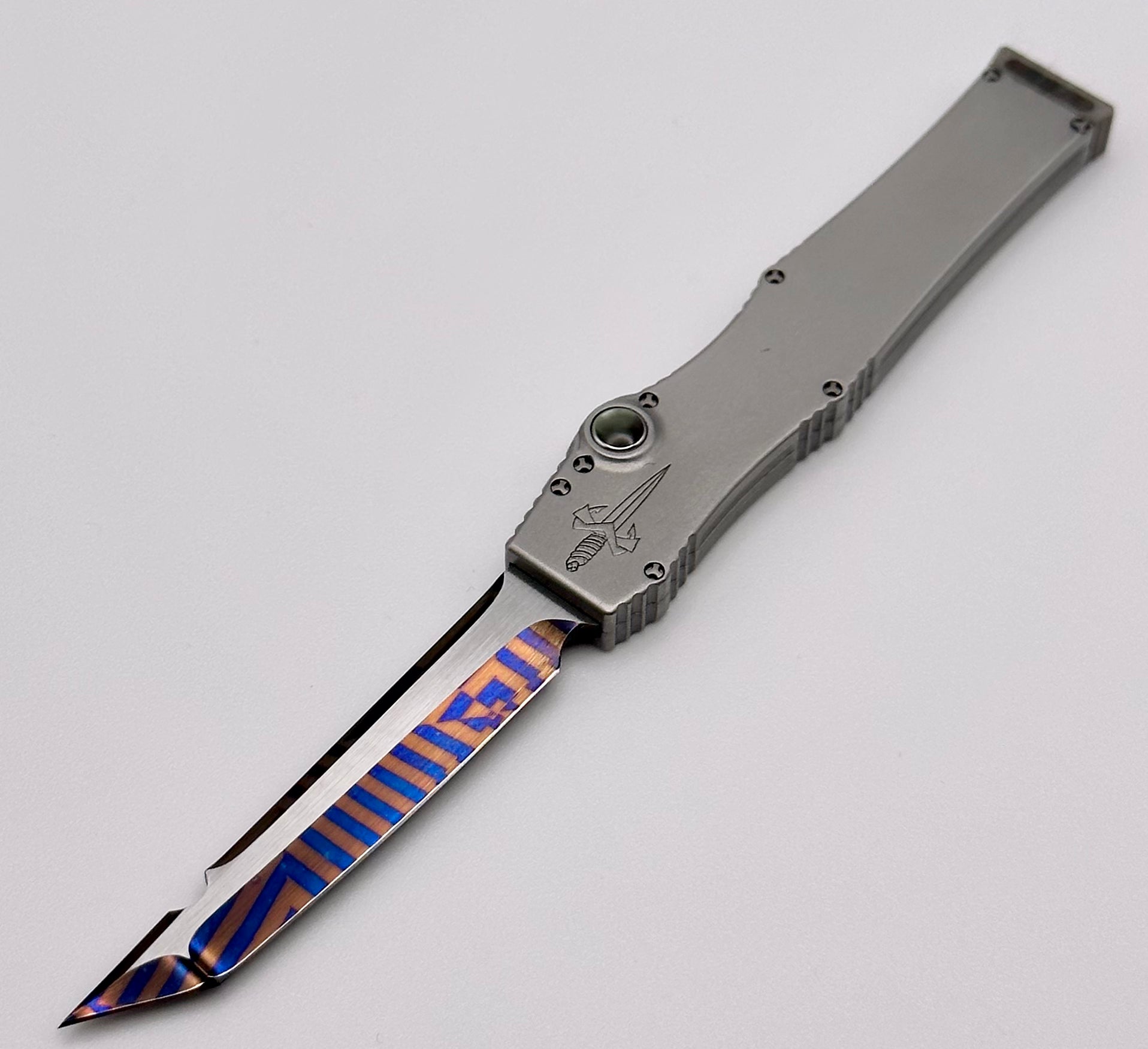 Marfione Custom Halo III Mini Star Grind Blued Mosaic Damascus Tanto w/  Stainless Steel Handle & Black Lip Pearl Inlays