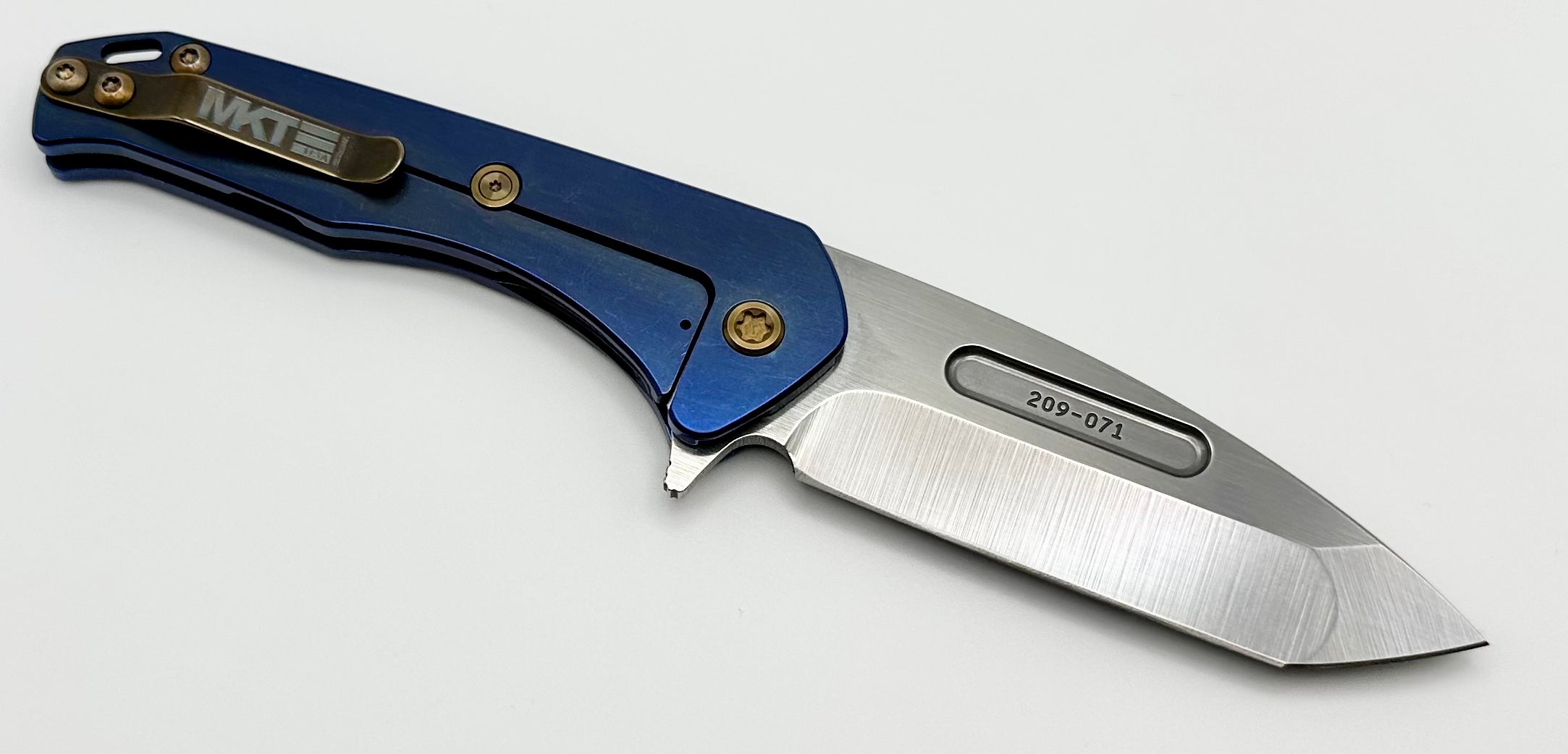 Medford Praetorian Slim Flipper S35VN Tumbled Tanto & Blue Handles w/ Bronze Hardware/Clip