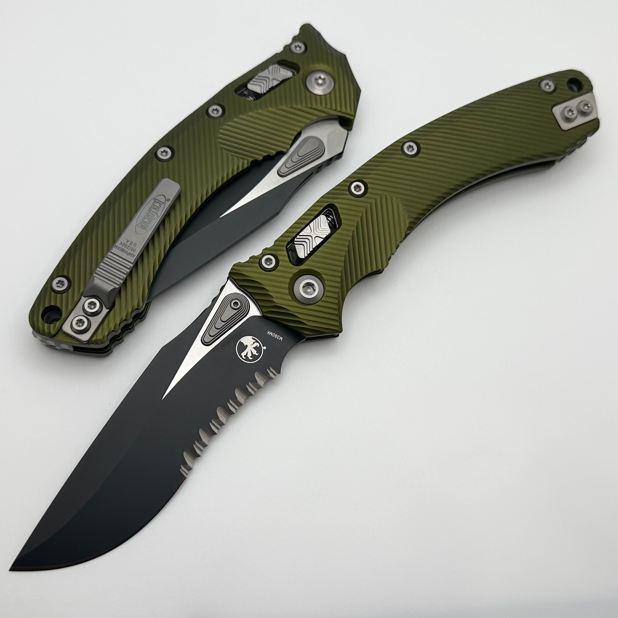 Microtech Amphibian RAM LOK OD Green Fluted Aluminum & Black Partial Serrated M390MK 137RL-2FLOD