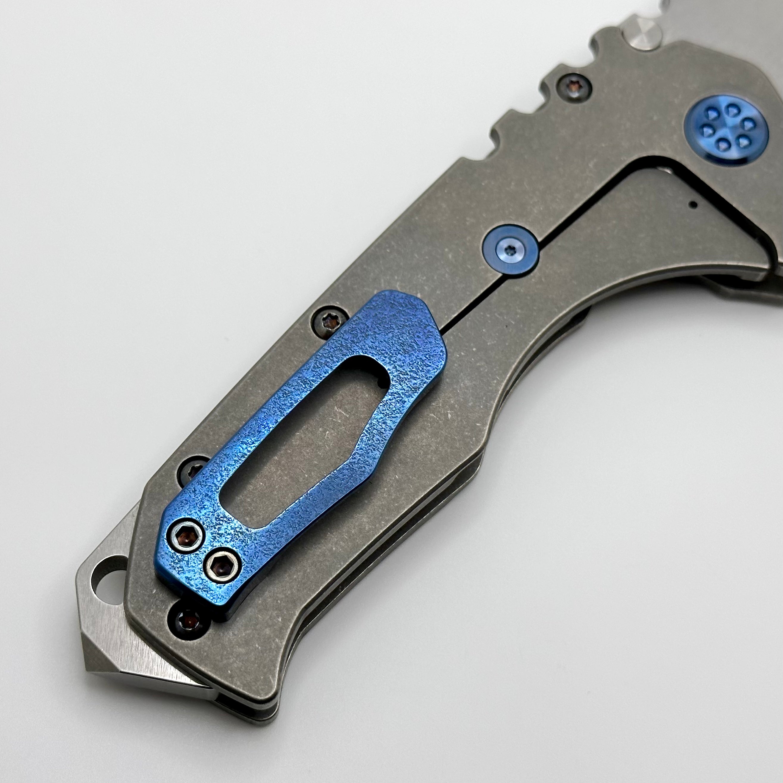 Medford Knife Praetorian T Drop Point Tumbled S45 & Tumbled Handles w/ Blue Hardware/Clip