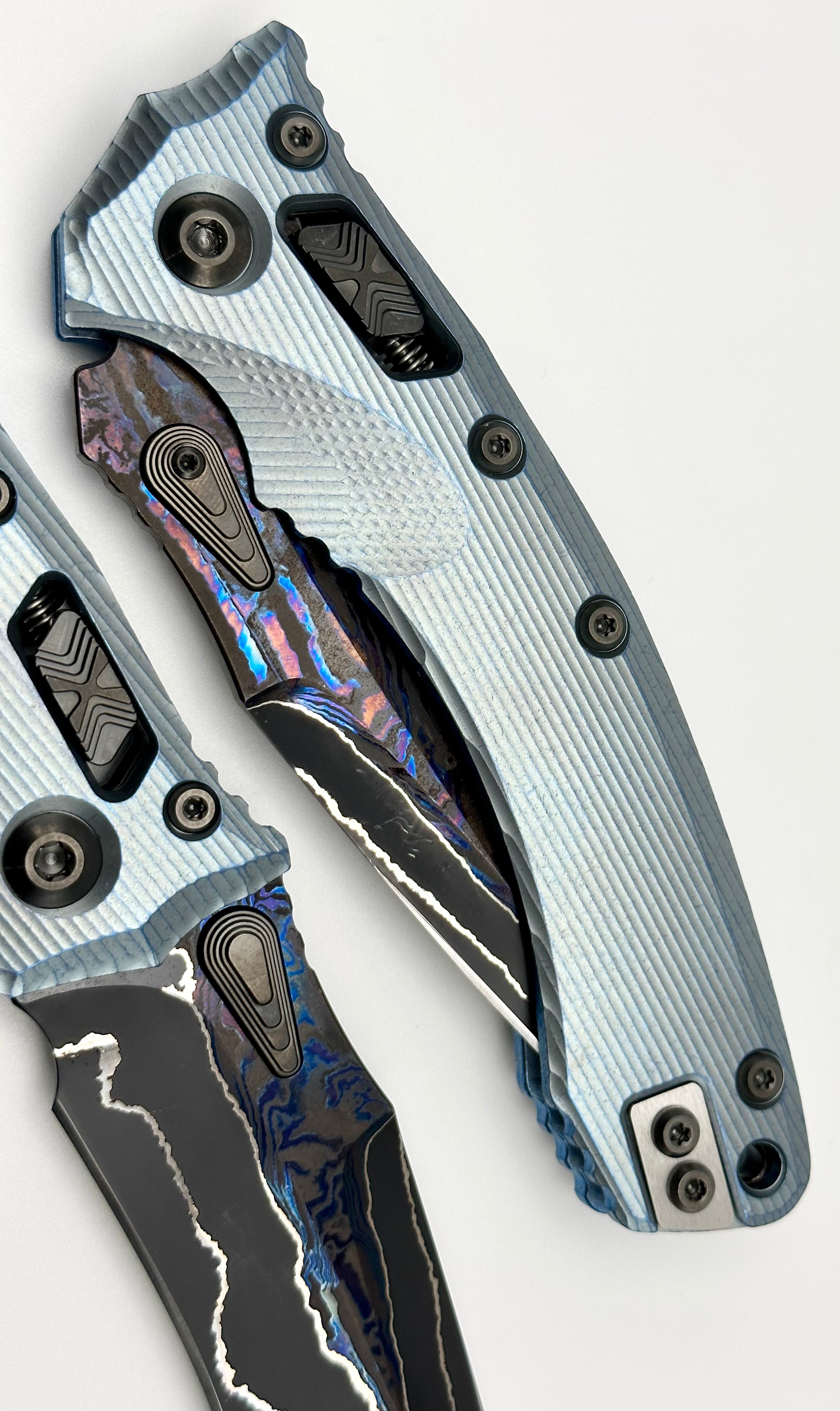 Marfione Custom Knives Amphibian RAM-LOK Brute de Forge Metroid Broken Anvil Damascus & Fluted Ice Blue Stippled Titanium