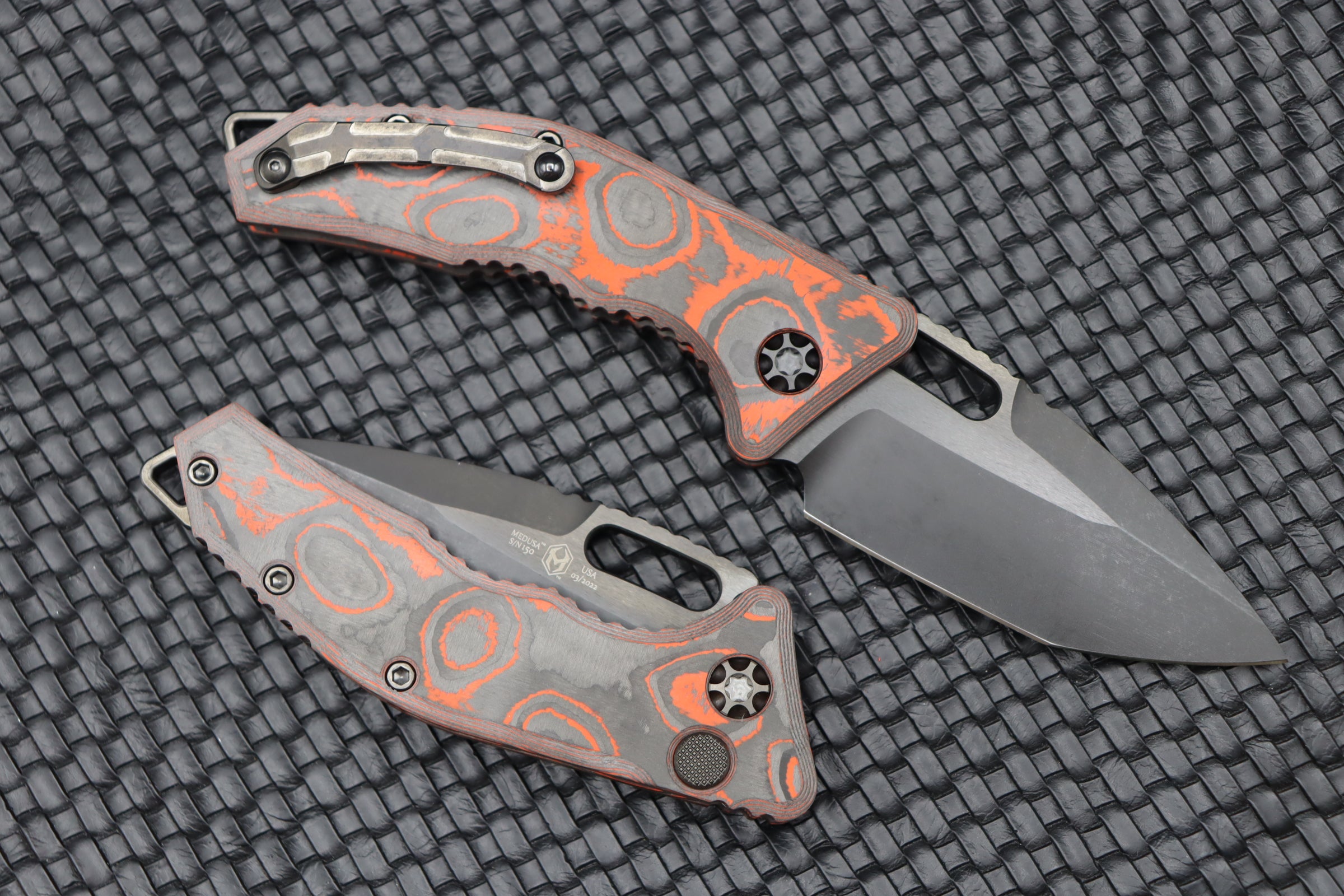 Heretic Knives Medusa Orange Camo Carbon Handles & DLC Tanto