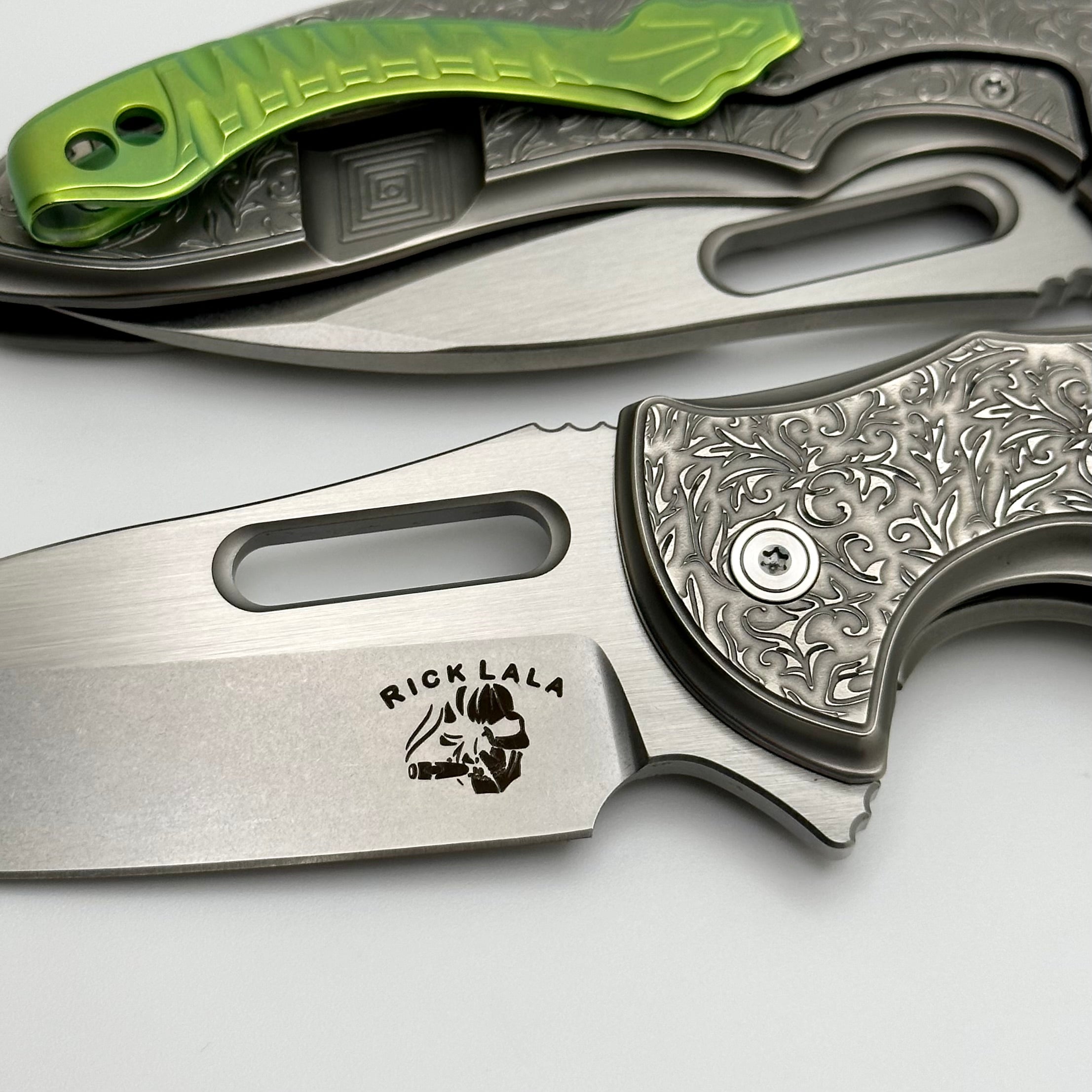 Mechforce Knives Sentry Rick Lala Collab Scroll Pattern Titanium & M390 w/ Green Clip Exclusive