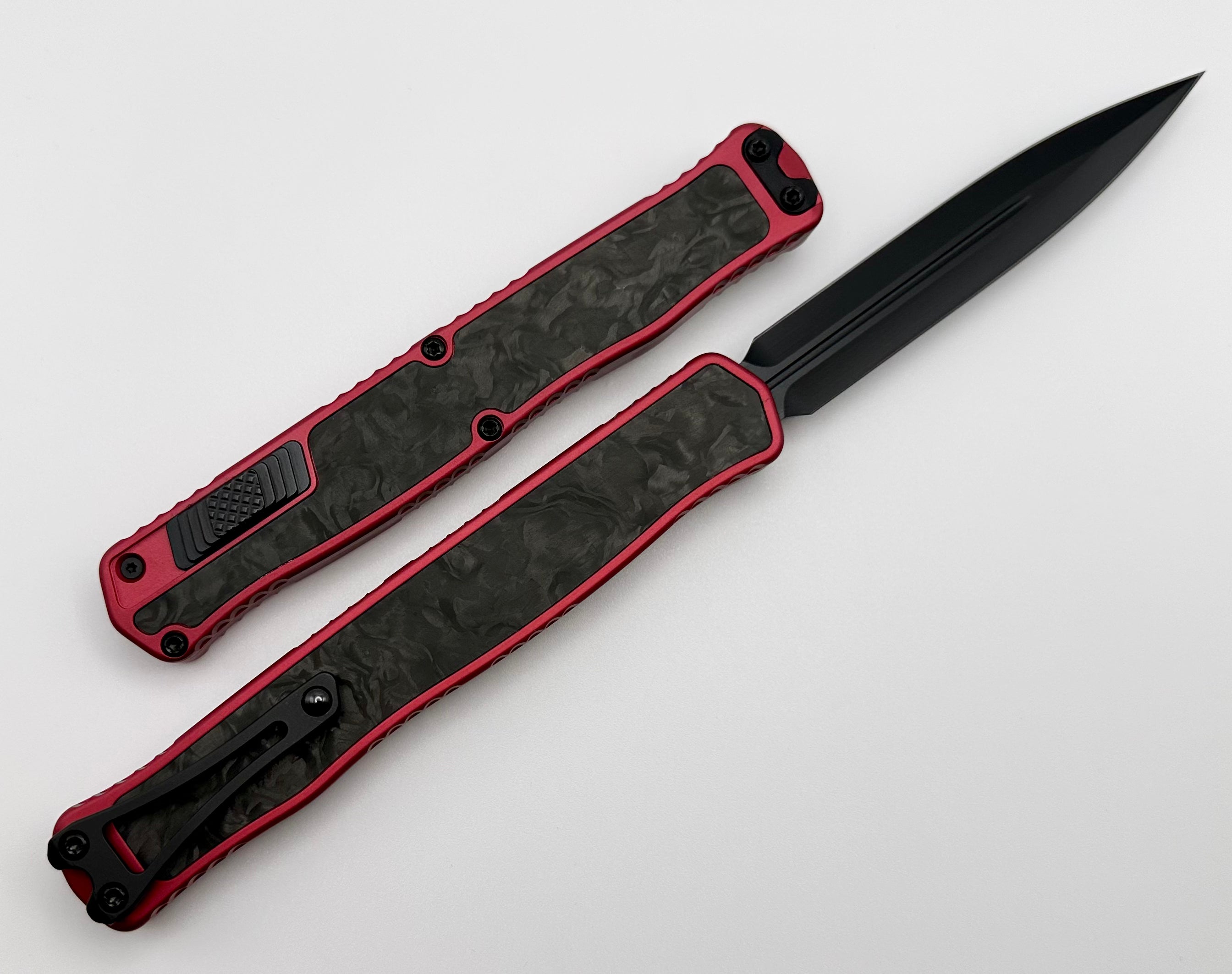 Heretic Knives Cleric II 2 Black Double Edge Magnacut w/ Red & Marbled Carbon Fiber Inlays