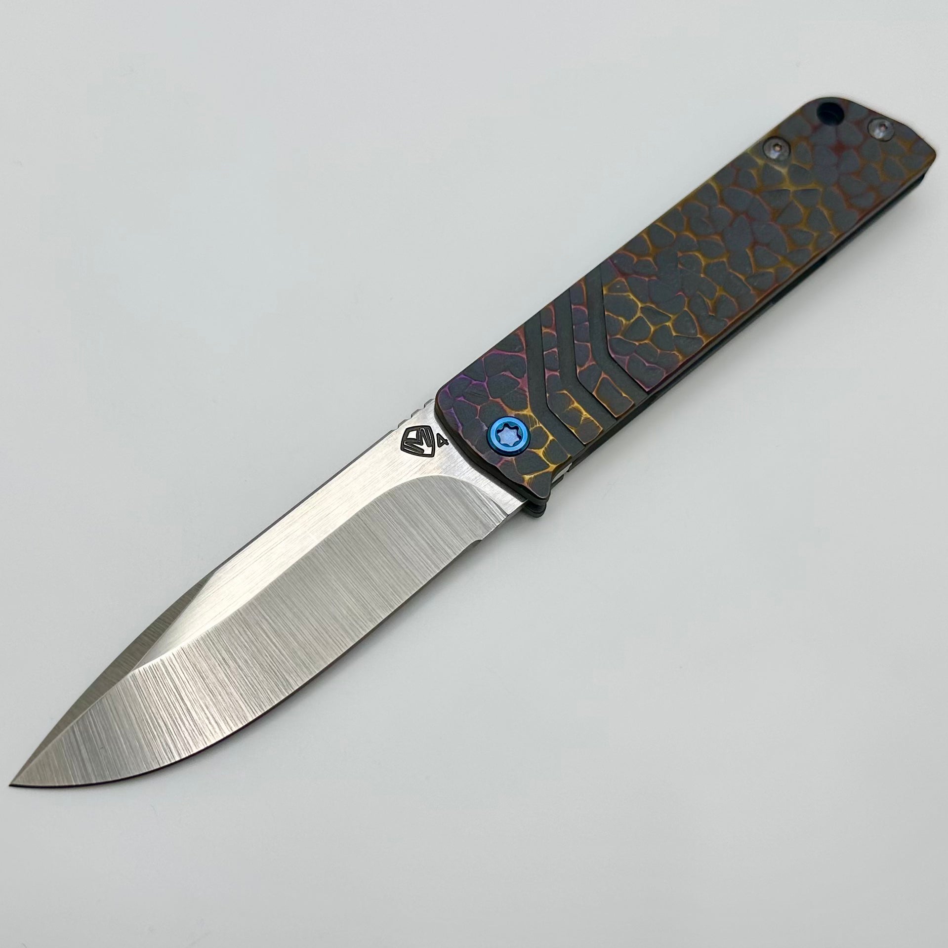 Medford Antik Front Flipper Tumbled S45 Drop Point & Bead Blast Blue Peaks & Valleys Titanium Handles w/ Blue Hardware