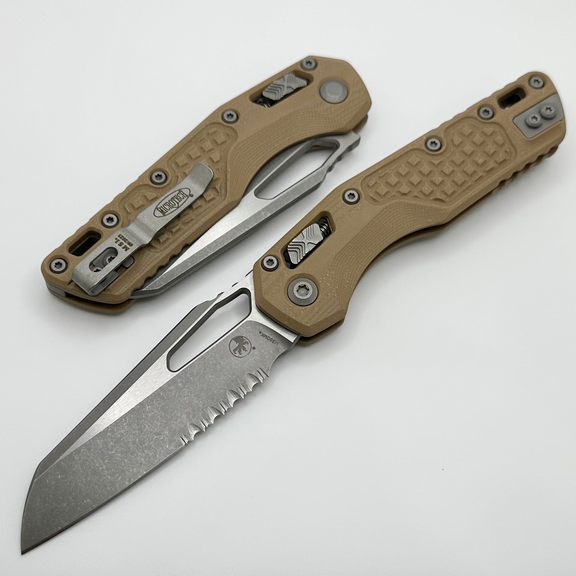 Microtech Knives MSI RAM LOK Frag Tan G-10 & Partial Serrated M390MK Apocalyptic Standard 210-11APFRGTTA