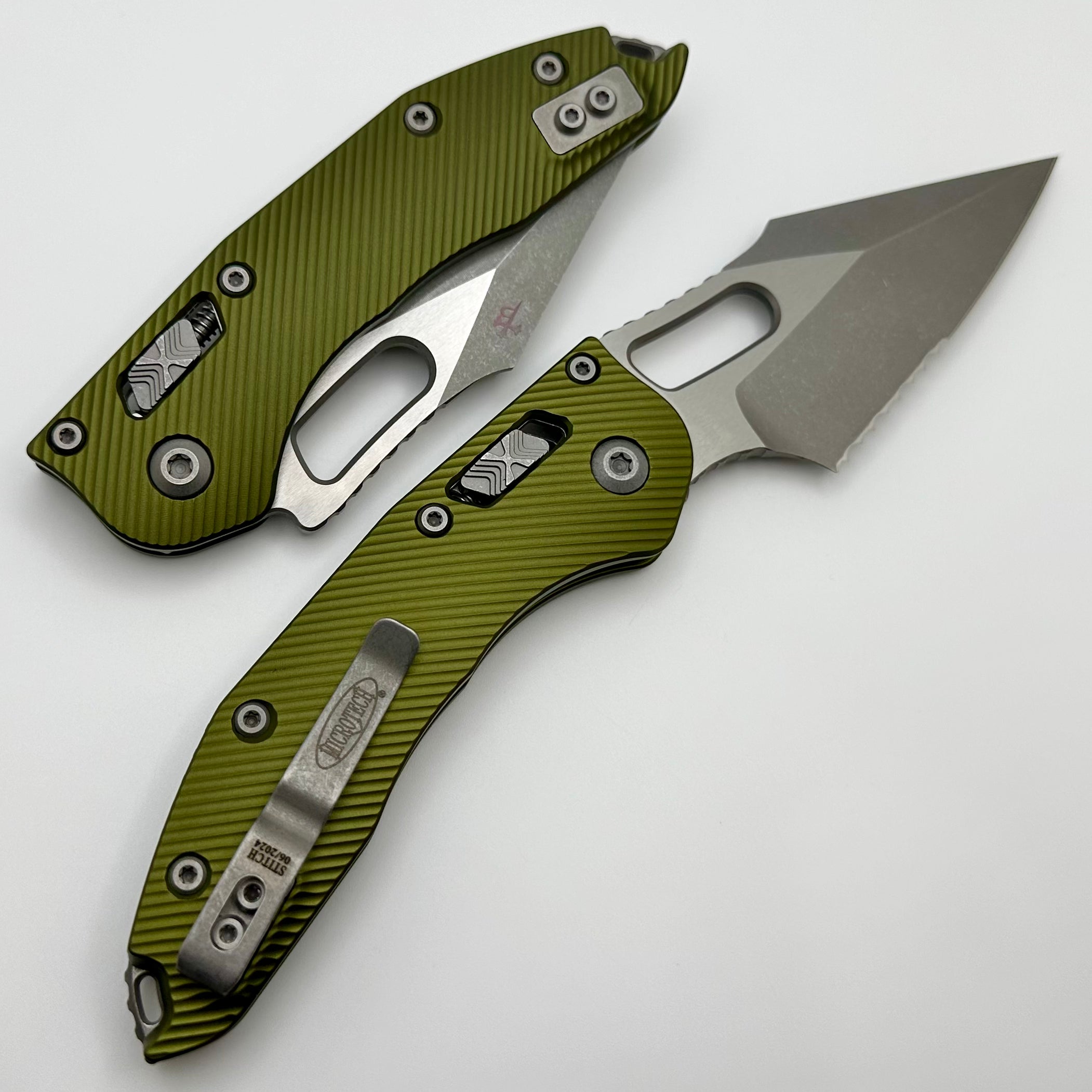 Microtech Knives Manual Stitch RAM LOK Fluted OD Green Aluminum & Partial Serrated M390MK Apocalyptic Standard 169RL-11APFLOD