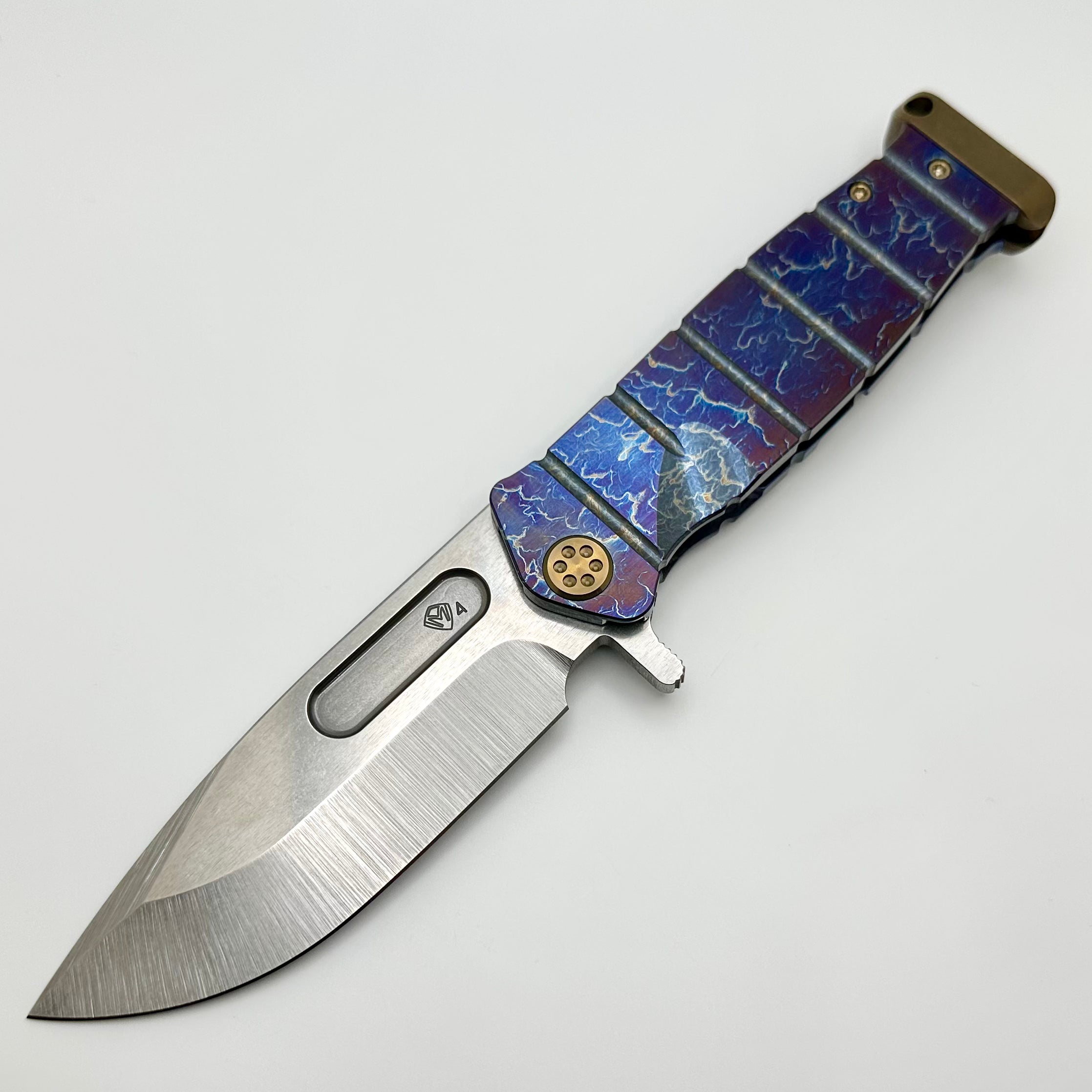 Medford Knife Fighter Flipper USMC Acid Etch Flamed/Blue Handles w/ Bronze Hardware & Tumbled S45VN