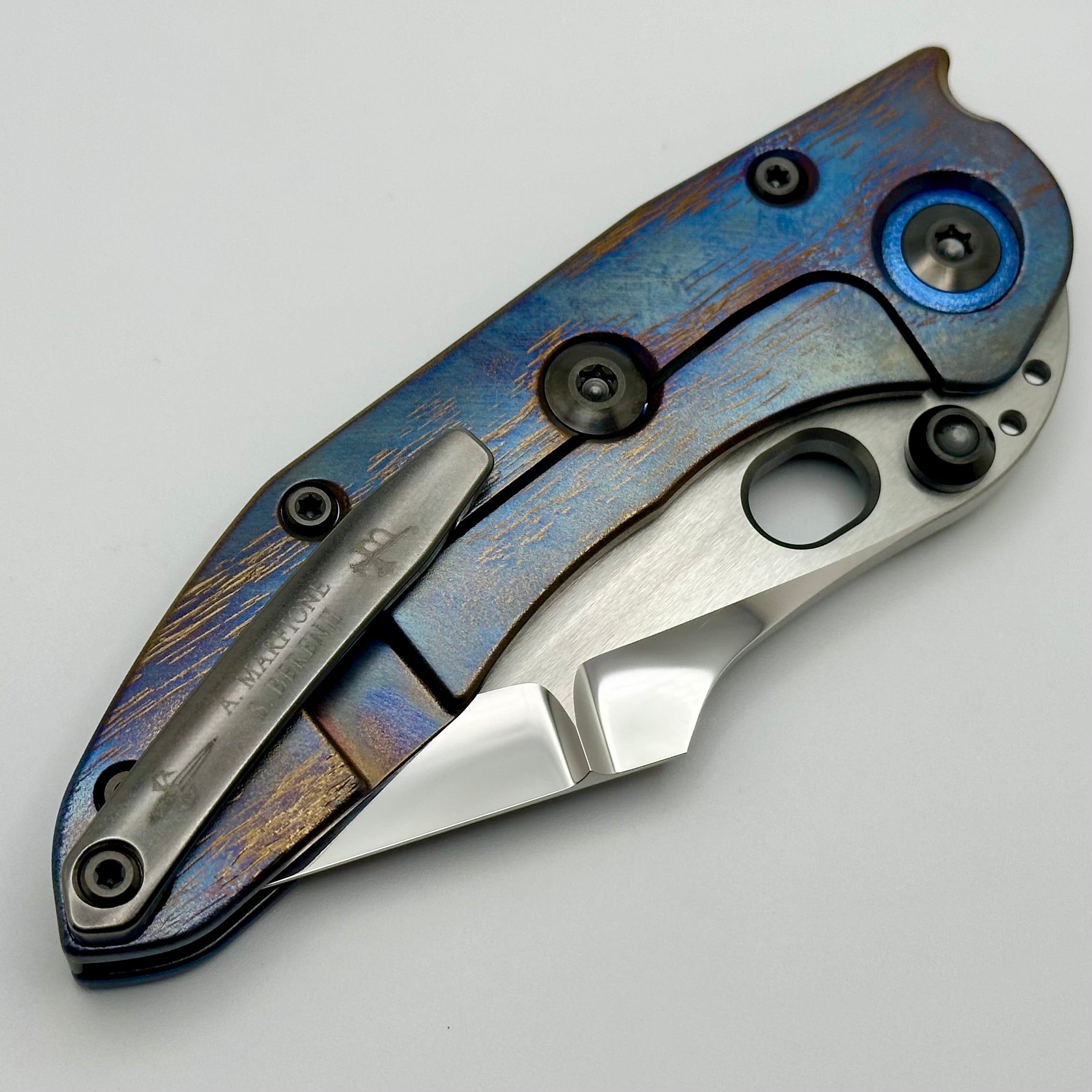 Marfione Custom Knives & Borka Blades Stitch Cosmic w/ Tritium Inlaid Double Star Ground Mirror Polish