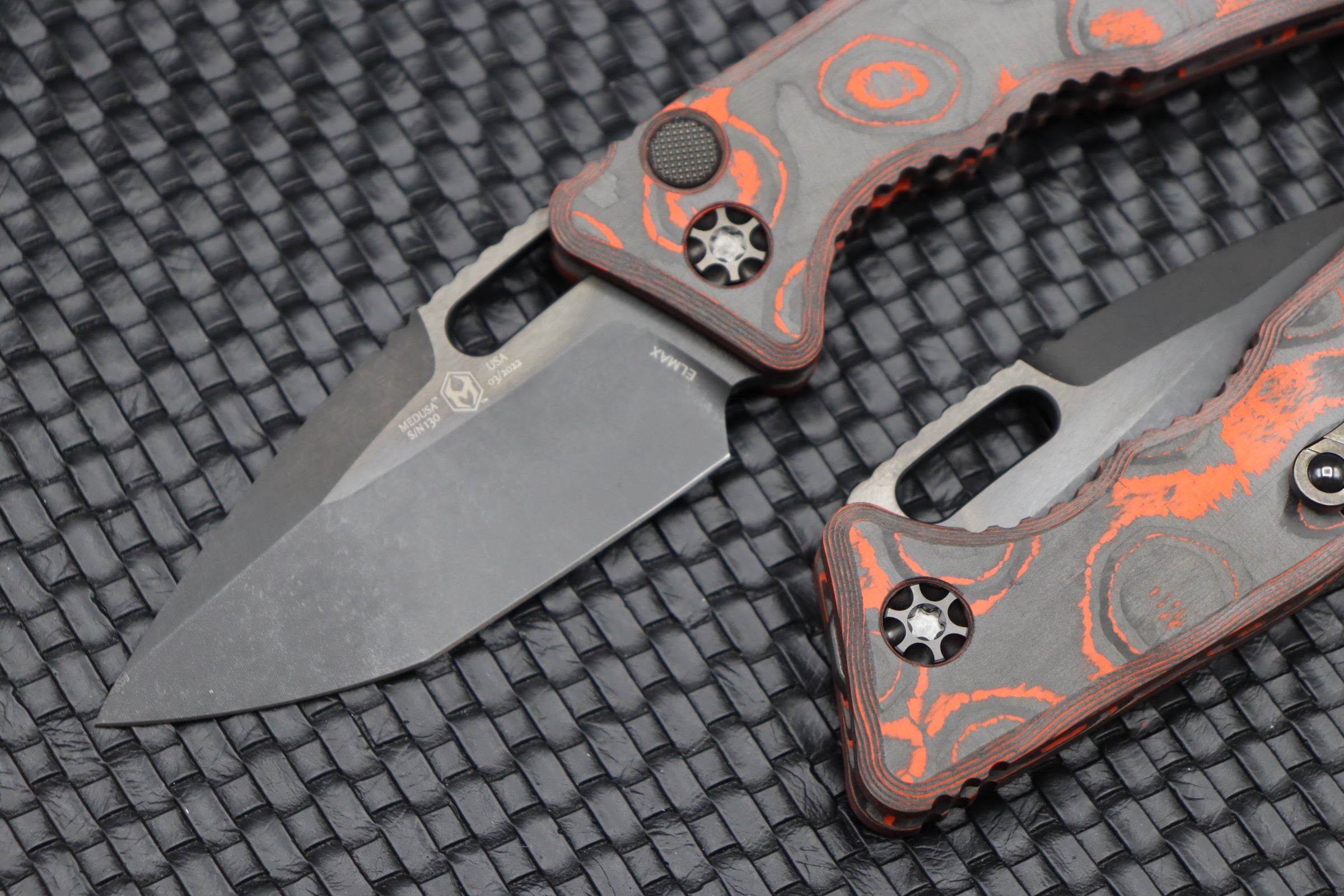 Heretic Knives Medusa Orange Camo Carbon Handles & DLC Tanto