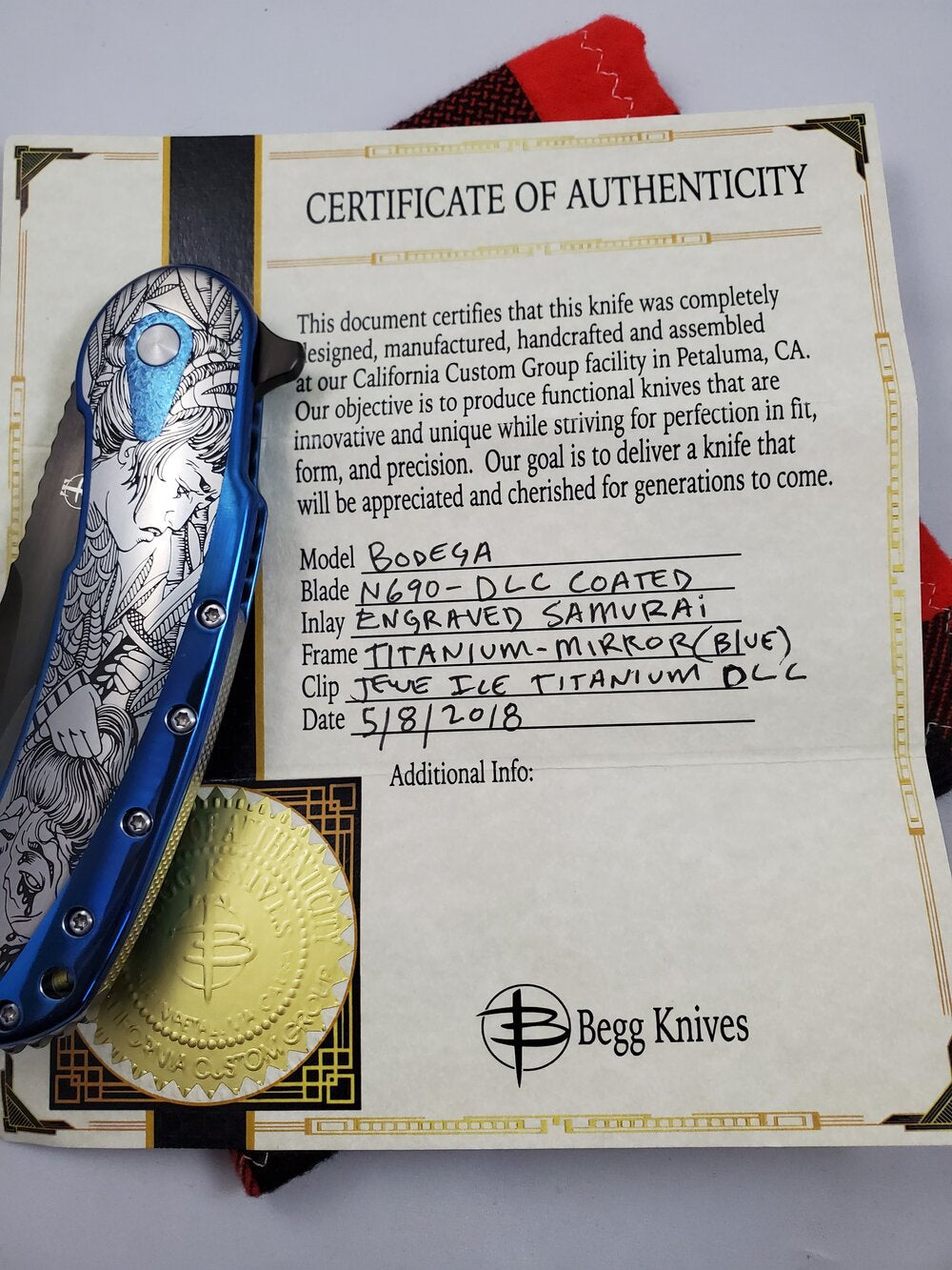 Todd Begg California Custom Shop Bodega Engraved Dragon Lady Blue N690 Compound Grind Blade