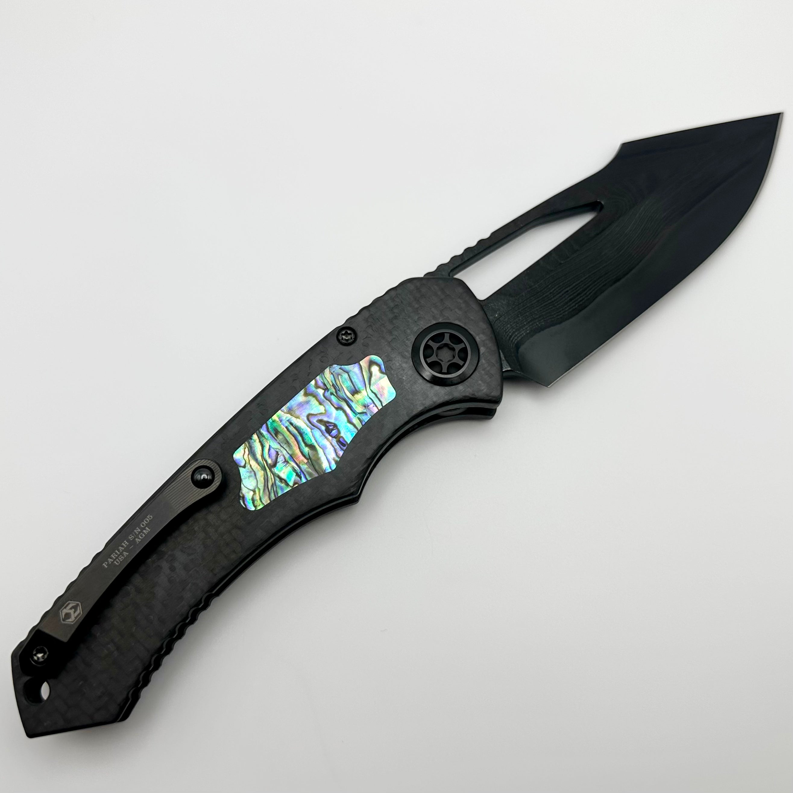 Heretic Knives Pariah Custom M/A Button Lock Carbon Fiber & Abalone Inlay w/ DLC Vegas Forge Wood Grain San Mai Damascus S/N 005